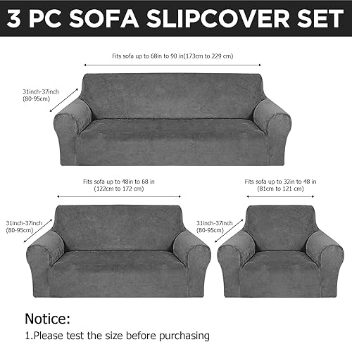 Miniatura 2 de Peryiter Juego de 3 fundas para muebles de sofá, sofá biplaza o sillón, ajuste elástico, sin arrugas, protector de muebles (gris oscuro, terciopelo)