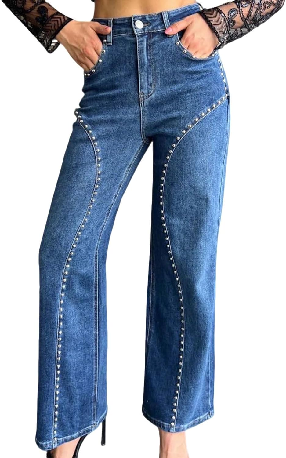 utcoco Women's Studded Wide Leg Denim Jeans Fashion Boyfriend High Waisted Casual Pants