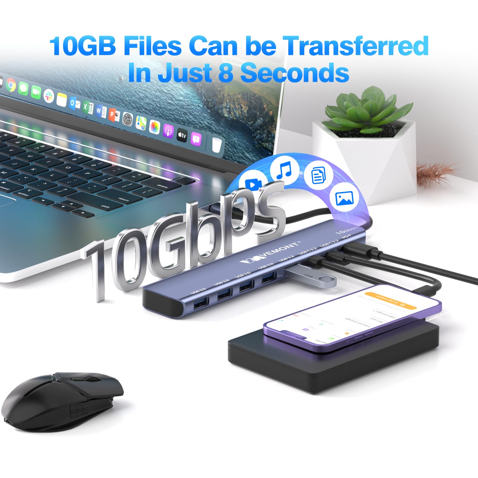 Hub USB C 10 Gbps, VEMONT 7 in 1 in alluminio USB 3.1/3.2 con 2 USBC 3.2 e USBA 3.2 e 4 porte USBA 3.0, ricarica 100 W, splitter USB C, compatibile con MacBook/iPad/laptop/telefoni e dispositivi USBC