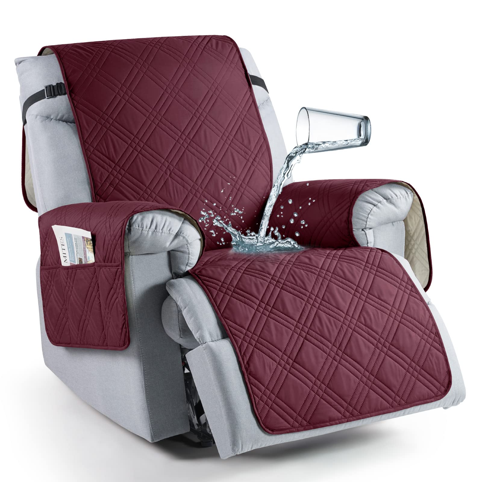 TAOCOCO 100% Waterproof Recliner Chair Cover, Oversized Recliner Covers for Large Recliner Chair with Double Straps, Non Slip Reclining Chair Cover for Kids, Pets(Oversized Recliner, Wine)