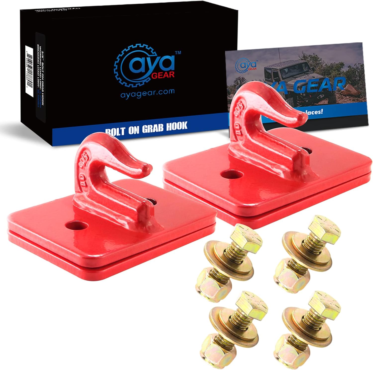 2 Pack 3/8-in Bolt On Grab Hook Mount with Backer Plate Grab Hook Grade 70 Forged Steel Tow Hook Work Well for Loader, Tractor Bucket, RV, UTV,Truck (Red)