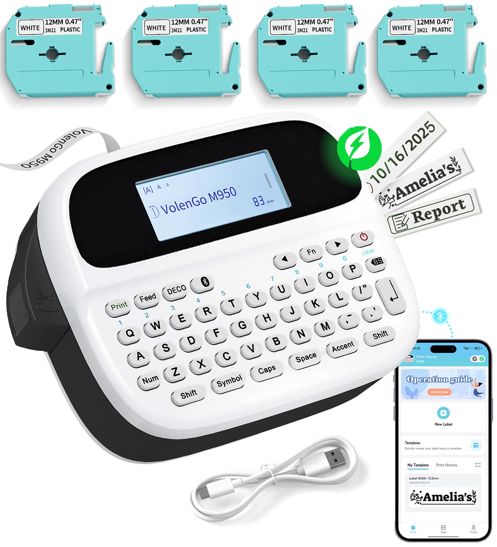 Pacchetto di etichettatrici M950, etichettatrice retroilluminata ricaricabile con 4 nastri, etichettatrice Bluetooth portatile, stampante per etichette portatile per l'organizzazione