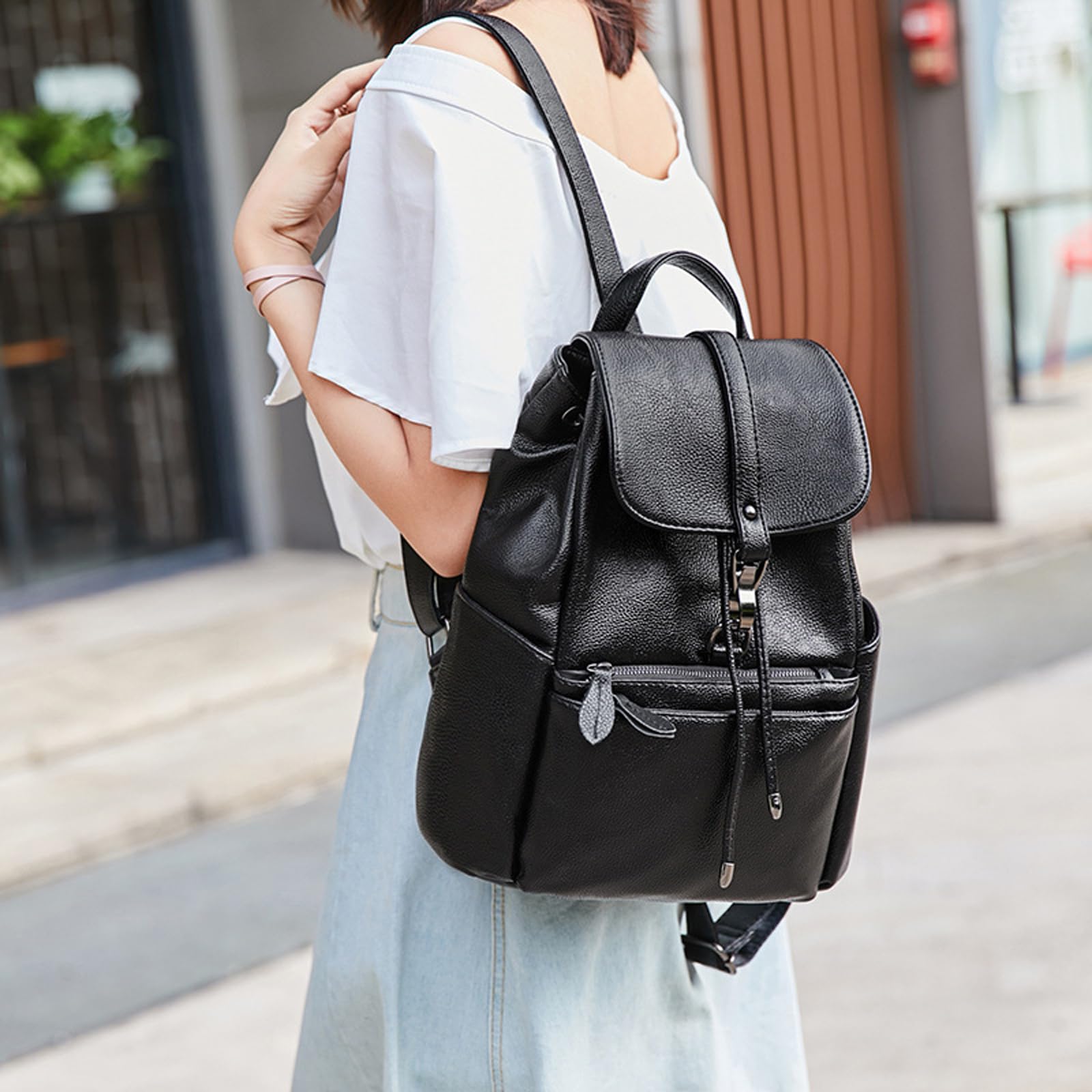 Damen Rucksack PU Leder Elegant Wasserdicht Anti-Diebstahl Große Kapazität für Freizeit Arbeit Schule Reise Schwarz