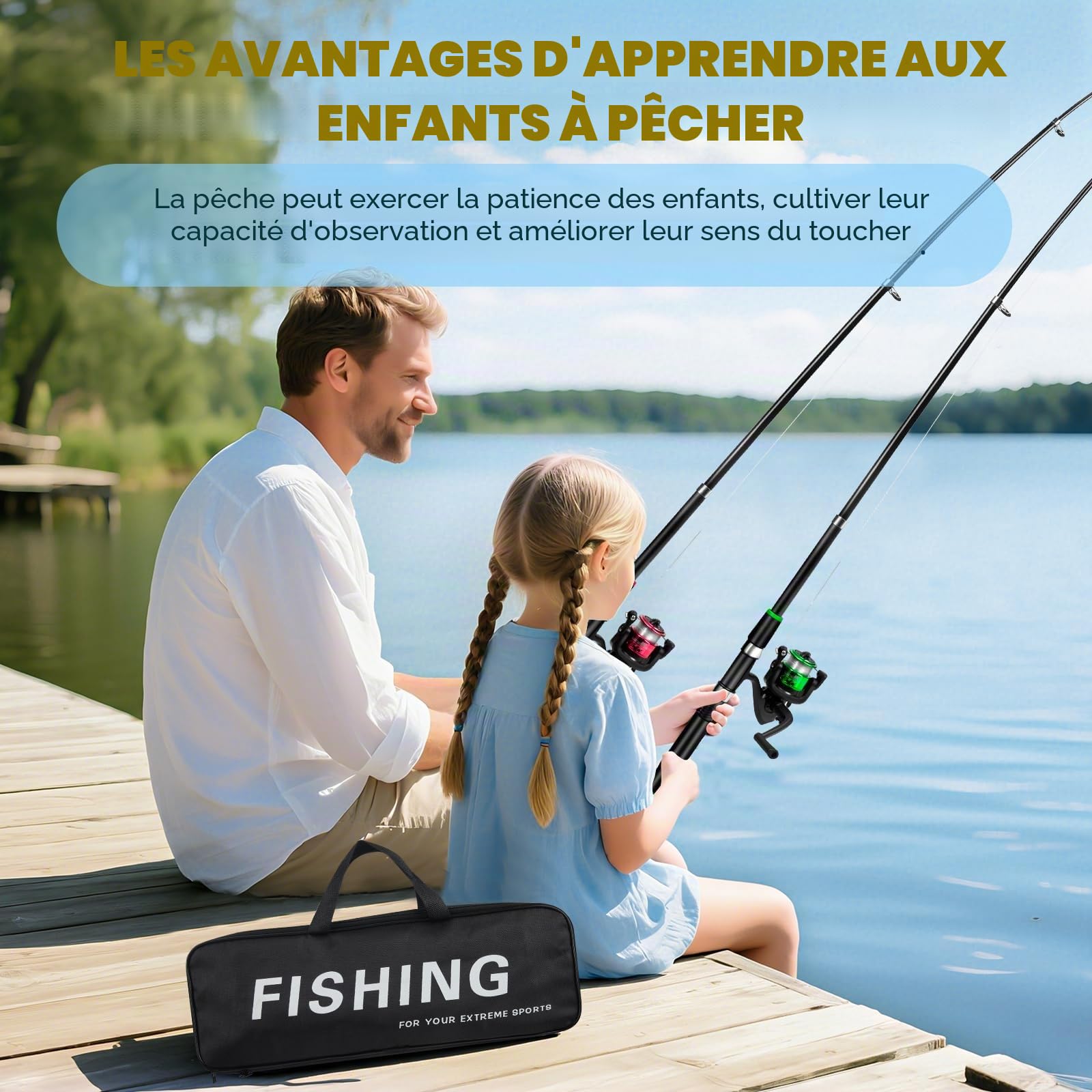 Lot de 2 cannes à pêche télescopiques pour enfants de 3 à 10 ans - Avec moulinet et appât - Kit de démarrage de pêche pour enfants - En fibre de carbone - Kit complet