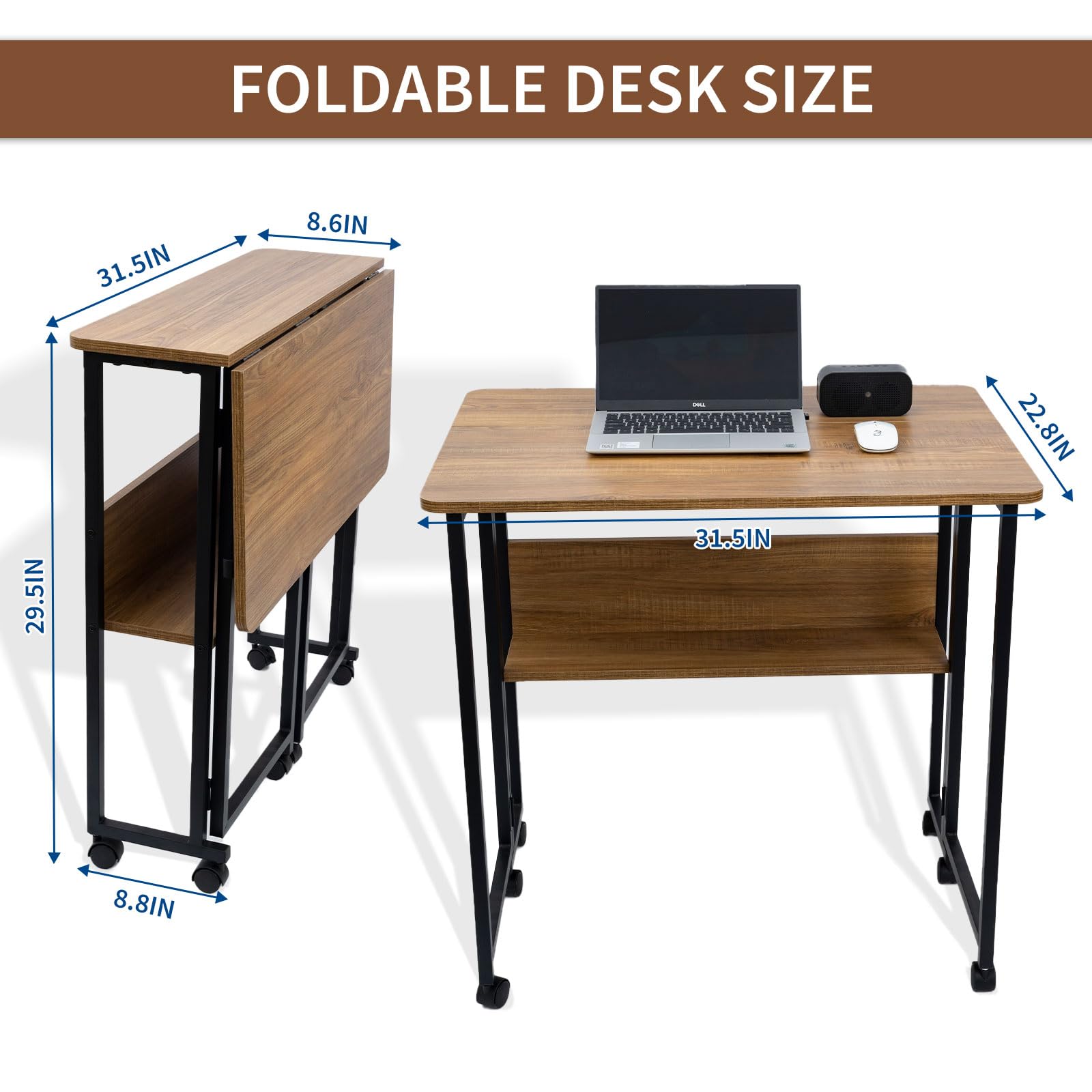Escritorio plegable móvil con 6 ruedas, escritorio portátil para computadora pequeño con estantes de almacenamiento, escritorios plegables para espacios pequeños, mesa de computadora para el 2