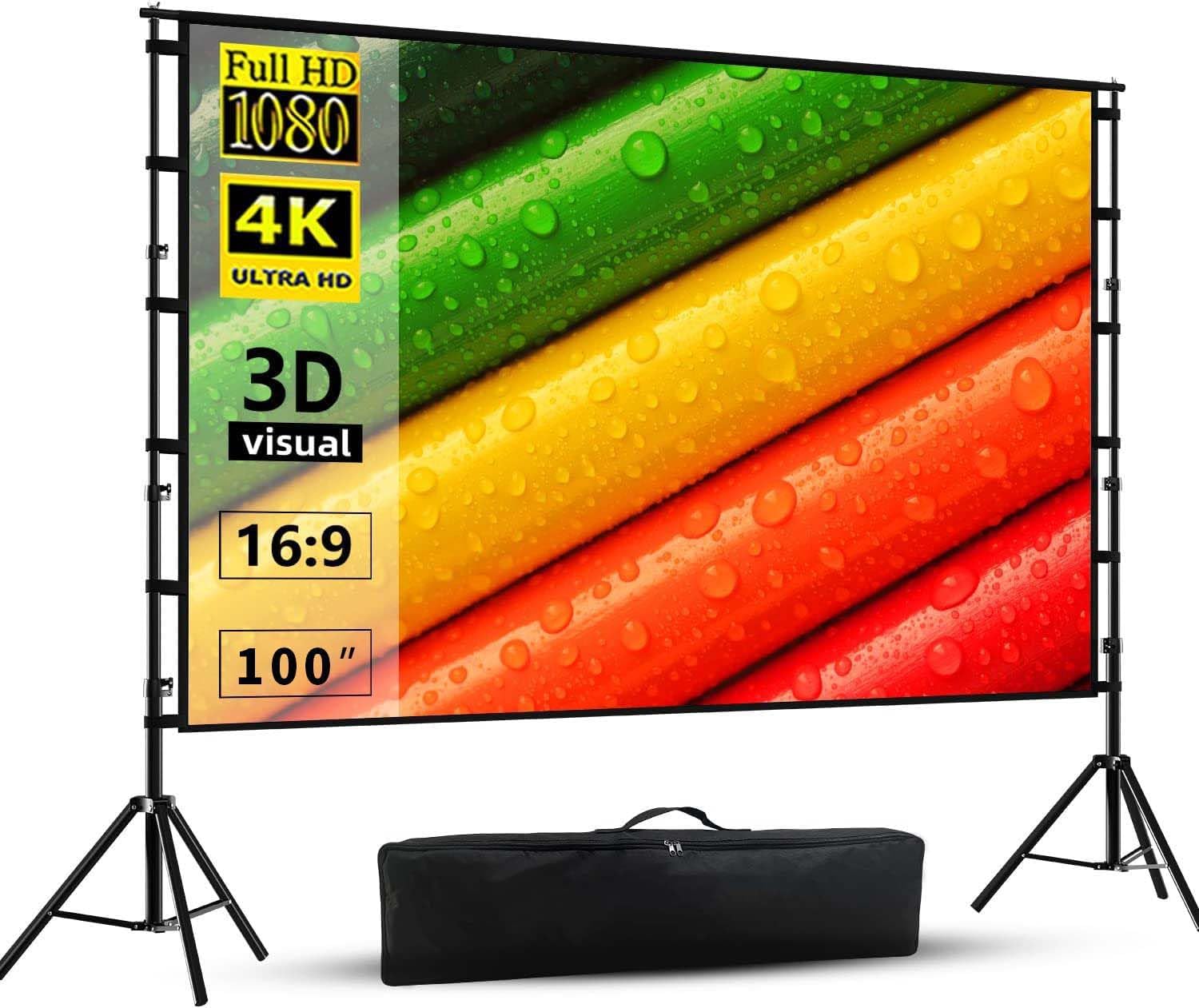 Forubar Projector Screen and Stand, Portable Projector Screen Outdoor Projector Screen 16:9 4K HD Rear Front Movie Screen with Carry Bag Wrinkle-Free Design for Home Theater Backyard Cinema (100 inch)