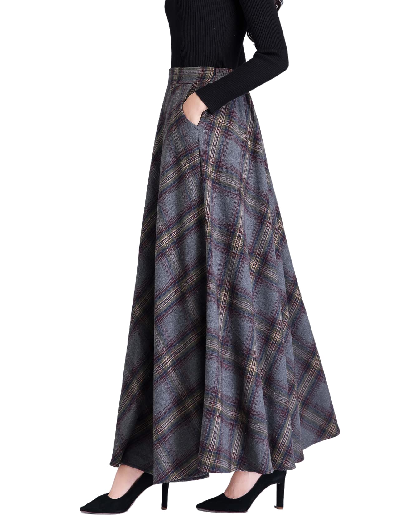Women's Tartan Maxi Skirt Winter Vintage Woolen Plaid A-Line Maxi Skirt Elastic Waist Elegant Swing Skirt Warm Thick High Waist Pleated Flared Skirt,Dark Gray,XXL