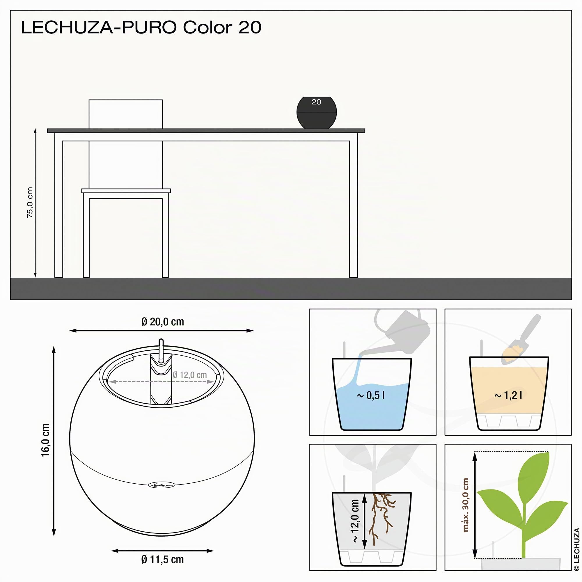LECHUZA Puro Color 20 y marrón 1378