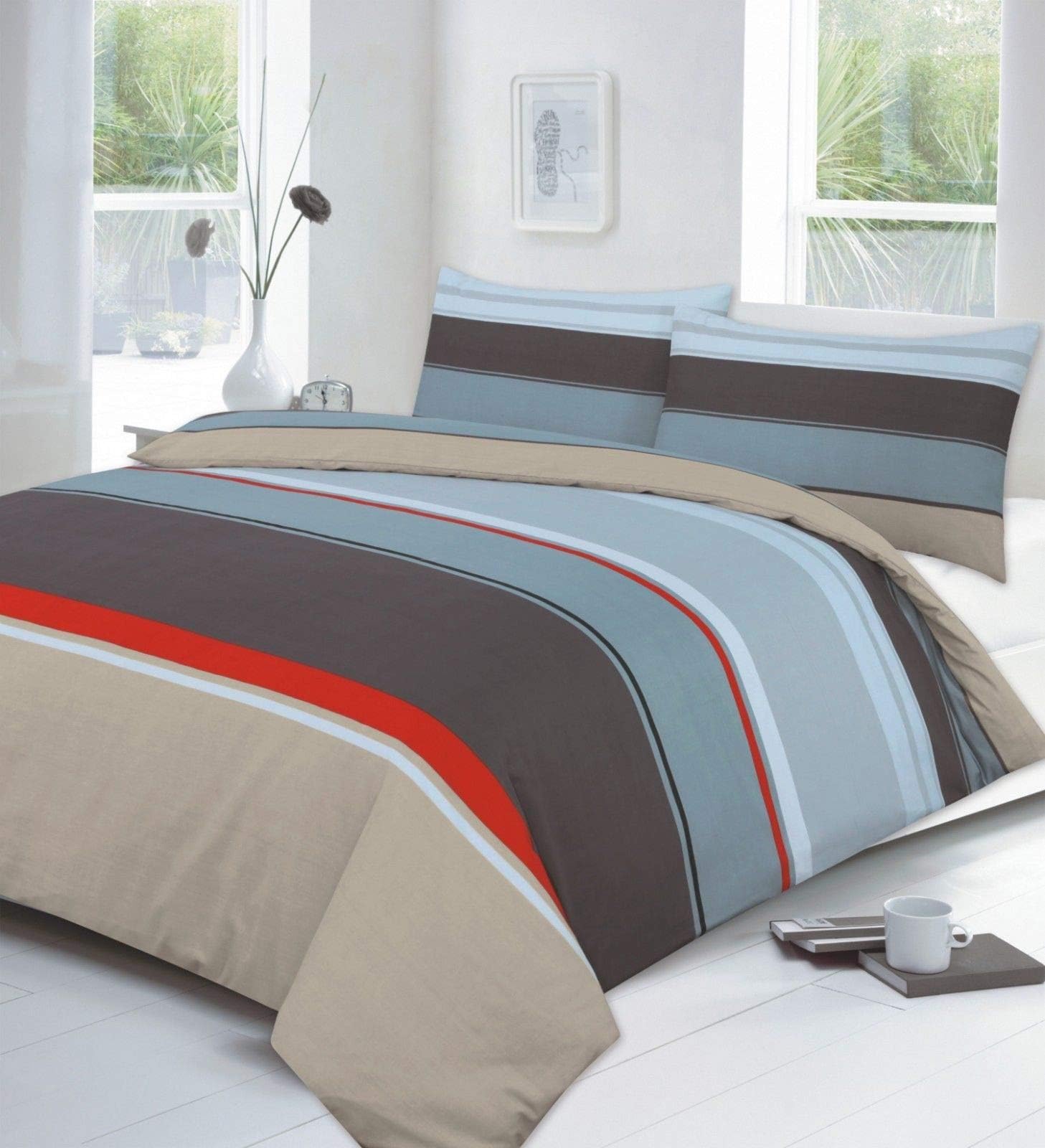 ibuy online Carter Striped Bedding Duvet Cover Sets, Luxurious Reversible Design, Ultra Soft Reversible Quilt Covers Duvet Set, Soft and Breathable, (Choc, Super King)