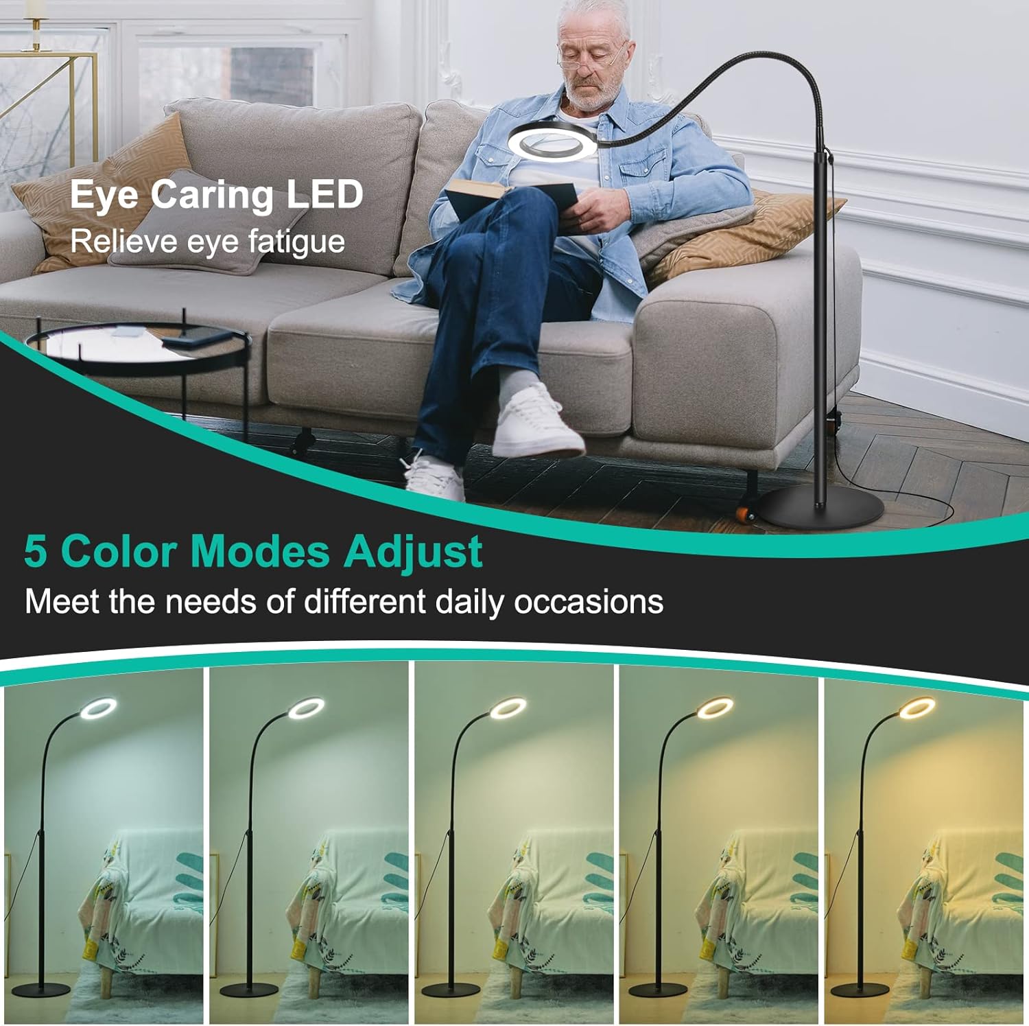 Drdefi 12X Magnifying Floor Lamp with Light, 24" Flexible Gooseneck Standing Magnifying Glass, 3-in-1 LED 5 Color Modes Stepless Dimmable Lighted Magnifier Lamp Hands-Free for Close Work, Reading