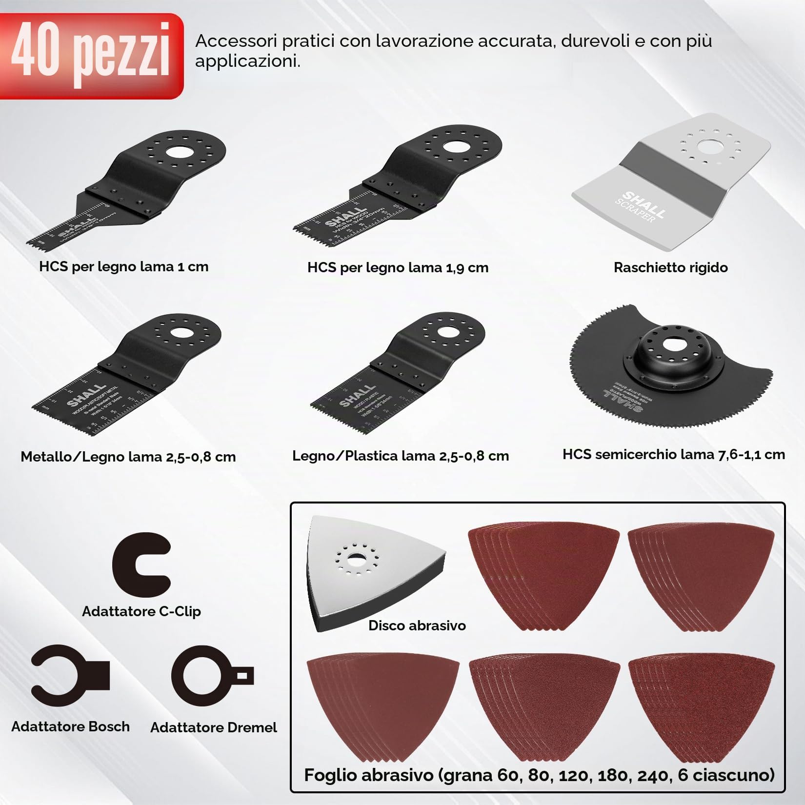 SHALL Utensile oscillante, kit multiutensile oscillante da 300 W con angolo di oscillazione di 3°, 6 velocità variabili, impugnatura ausiliaria, 40 accessori per sega