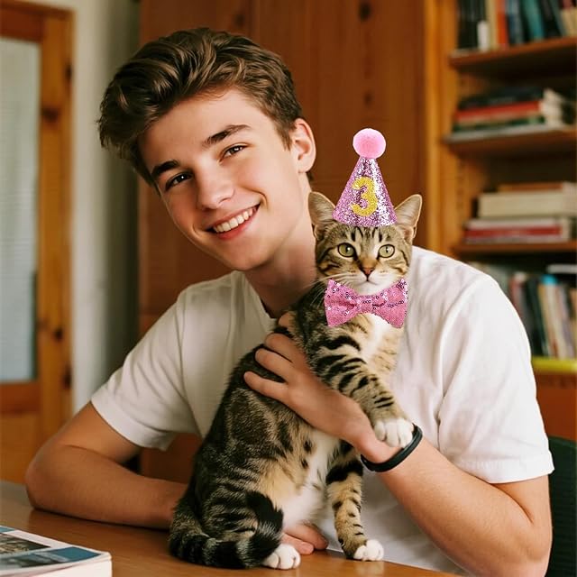 Foto 6 de 6 de Sombrero de Cumpleaños para Perro y Gato, Set Rosa de Tela con Collar de Pajarita