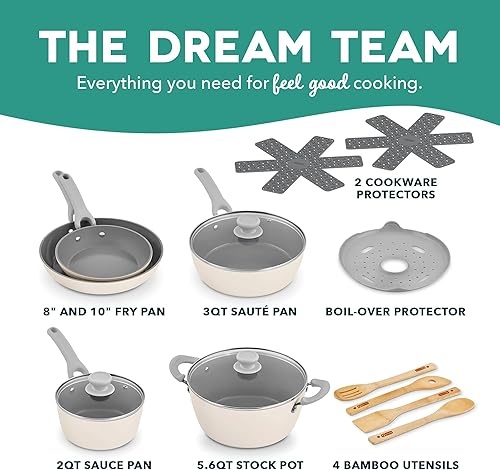 Miniatura 2 de DASH Dream Green - Juego de utensilios de cocina de cerámica antiadherente, 15 piezas, color crema, aluminio reciclado y cerámica, juego de