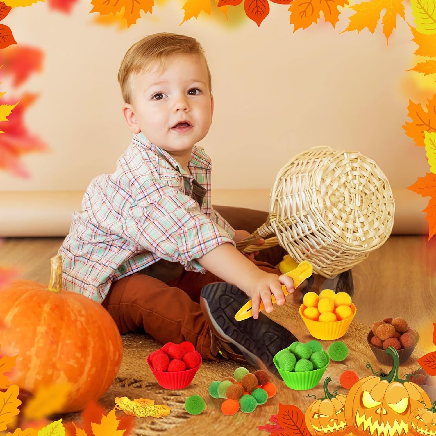 Hotop 312 Pieces Fine Motor Toys Counting Sorting Fall Thanksgiving Decorations 100 Pcs Assorted Pompoms 200 Pcs Artificial Maple Leaves 2 Pcs Tweezers 10 Pcs Cups for Autumn Thanksgiving Decoration