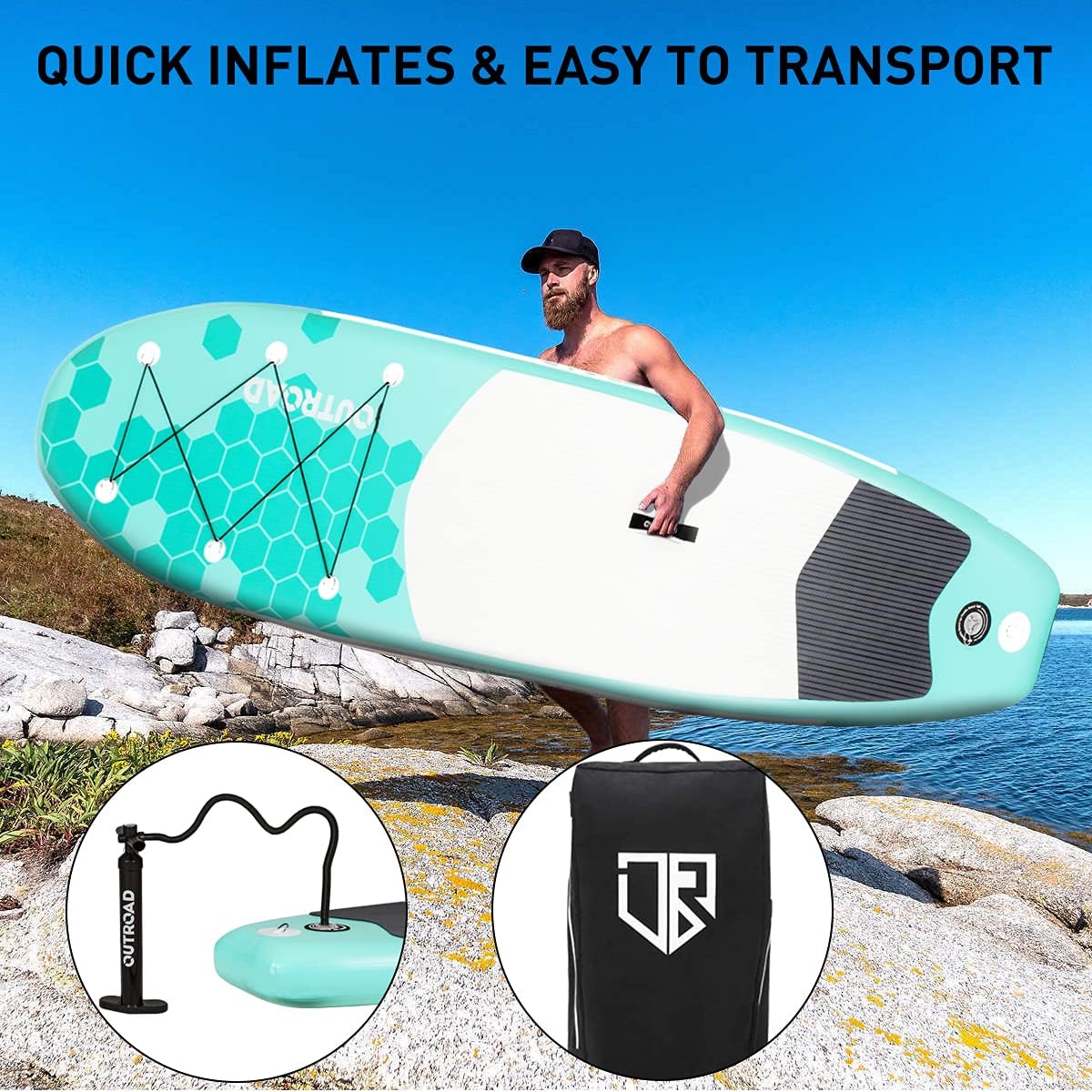 Outroad Inflatable Stand Up Paddle Board 10'6" x 32" x 6" Ultra-Light Stand-Up Paddleboards with Premium SUP Accessories and Backpack, Non-Slip Deck for Youth and Adult, Orange/Mint Green