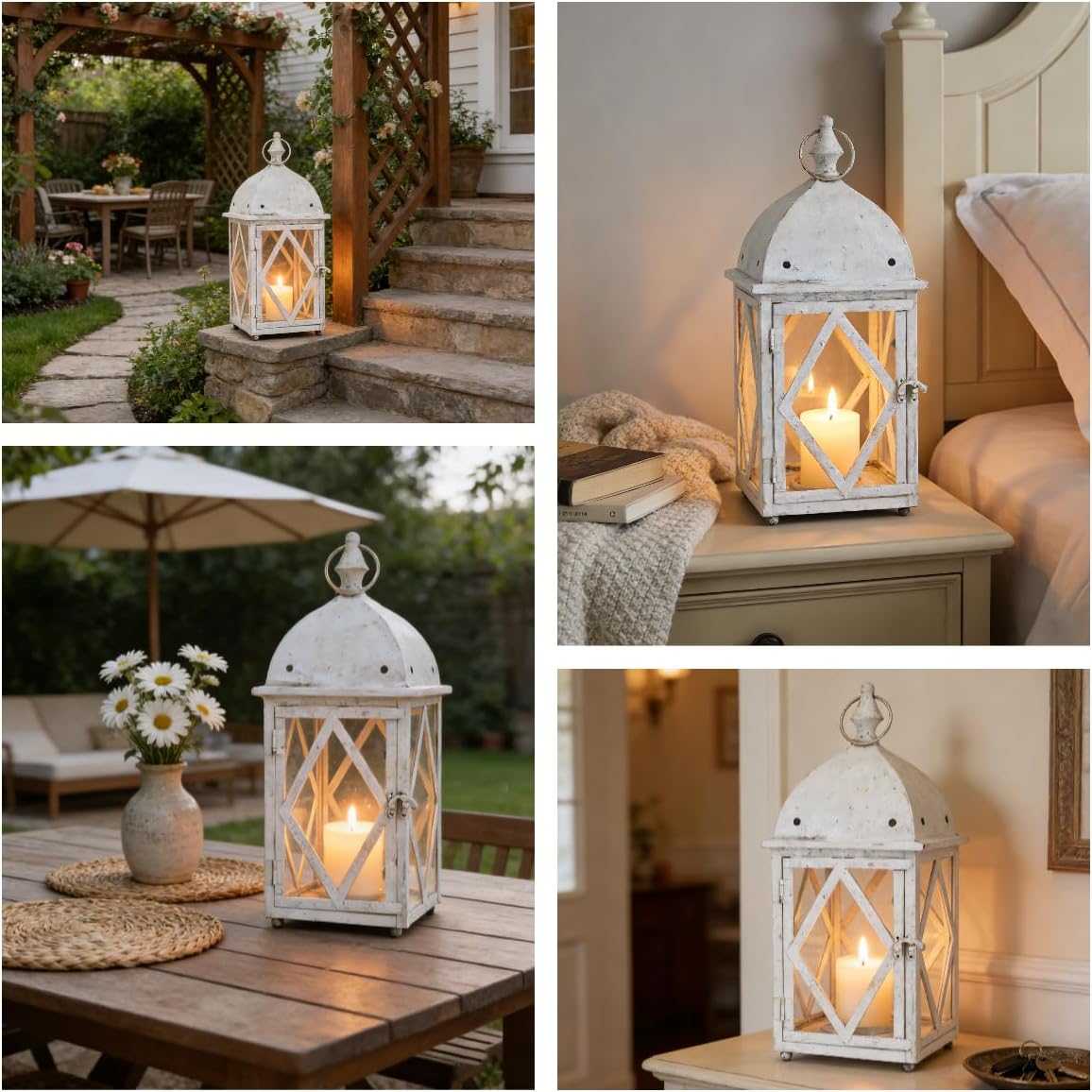 17" Vintage Distressed White Metal Lantern, Glass Paneled Hanging Candle Lantern, Rustic Farmhouse Decor for Indoor & Outdoor Patio, Garden, Wedding & Entryway Display