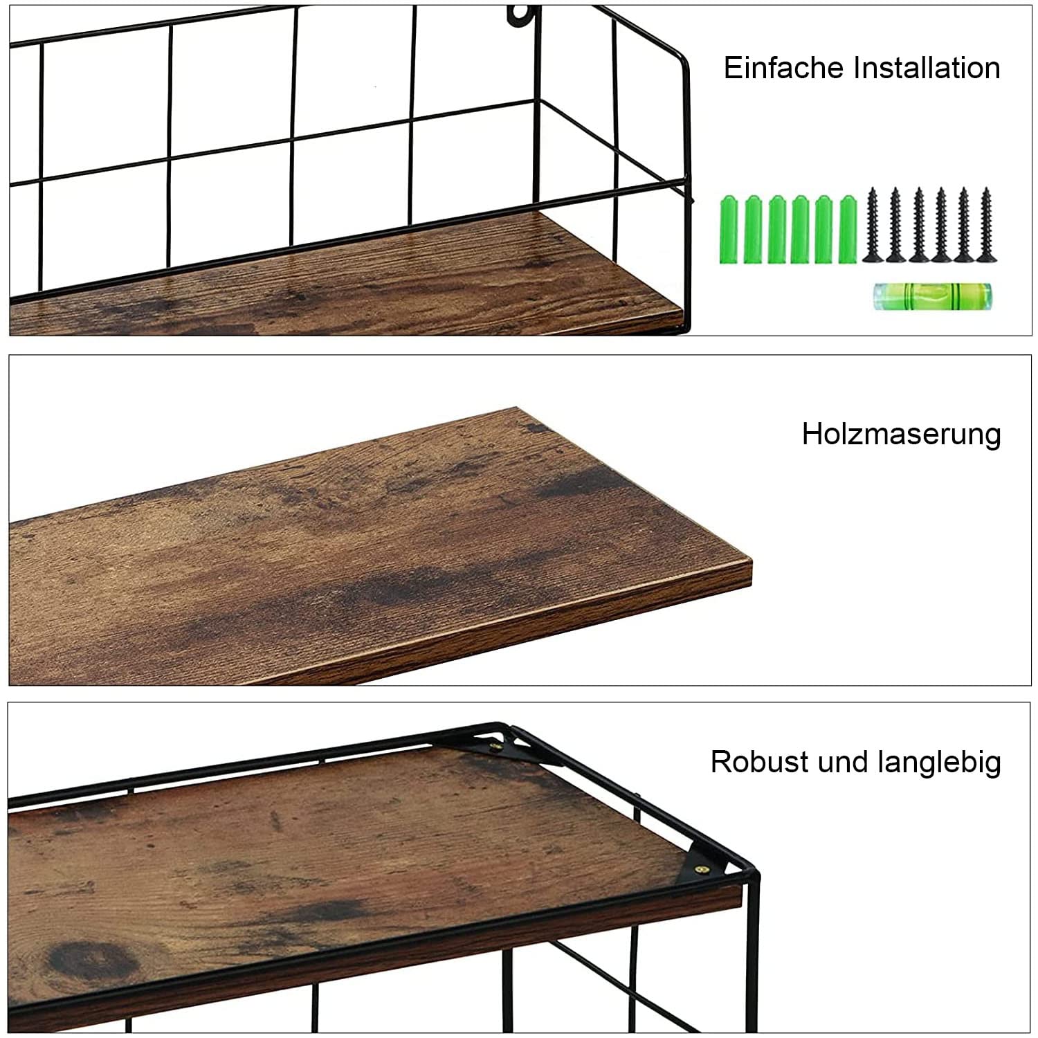 HORLIMER Mensola da Muro Mensola da Parete in legno e Mentallo, Set da 3, Decorazione per Casa, Cucina, Cameretta e Soggiorno, Mensola Sospesa | Leroy Merlin