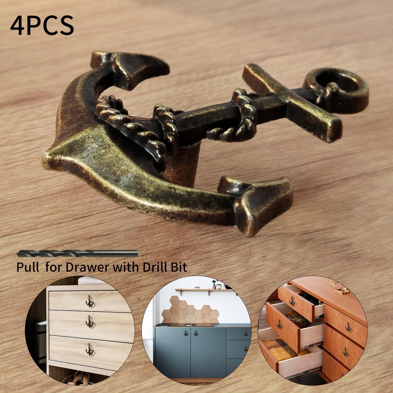 4PCS Nautical Style Zinc Alloy Vintage Anchor Design Cabinet Pulls, Antique Bronze Anchor shape Drawer Knobs for Cupboard, Dresser, Closet, Wardrobe, Sideboard, TV stand & Furniture Door (C)