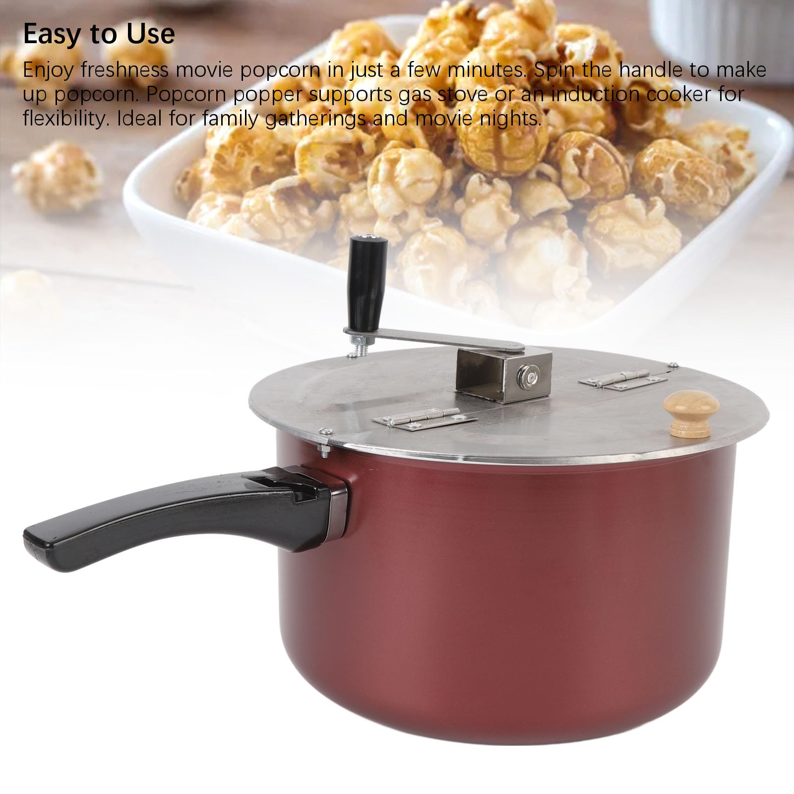 Pochocler de acero inoxidable, máquina de palomitas de maíz manual, máquina de palomitas caseras con mango de madera para estufa de gas y cocina de inducción, aperitivo compacto