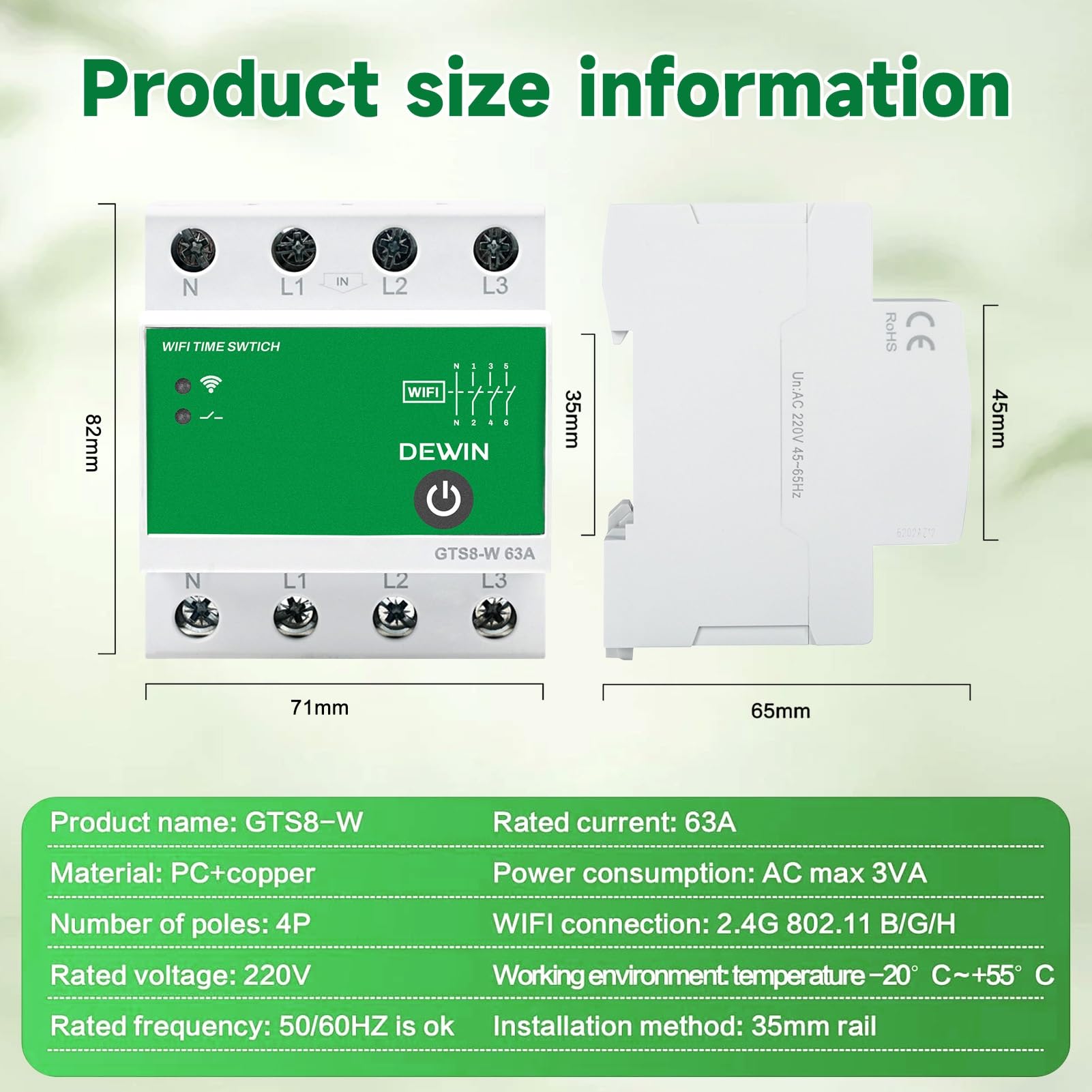 Interruttore Temporizzatore WiFi, 4P Interruttore Orario WiFi Relè Temporizzato Casa 220V 63A Timer DIN Controllo Remoto tramite Tuya APP (GTS8-W)