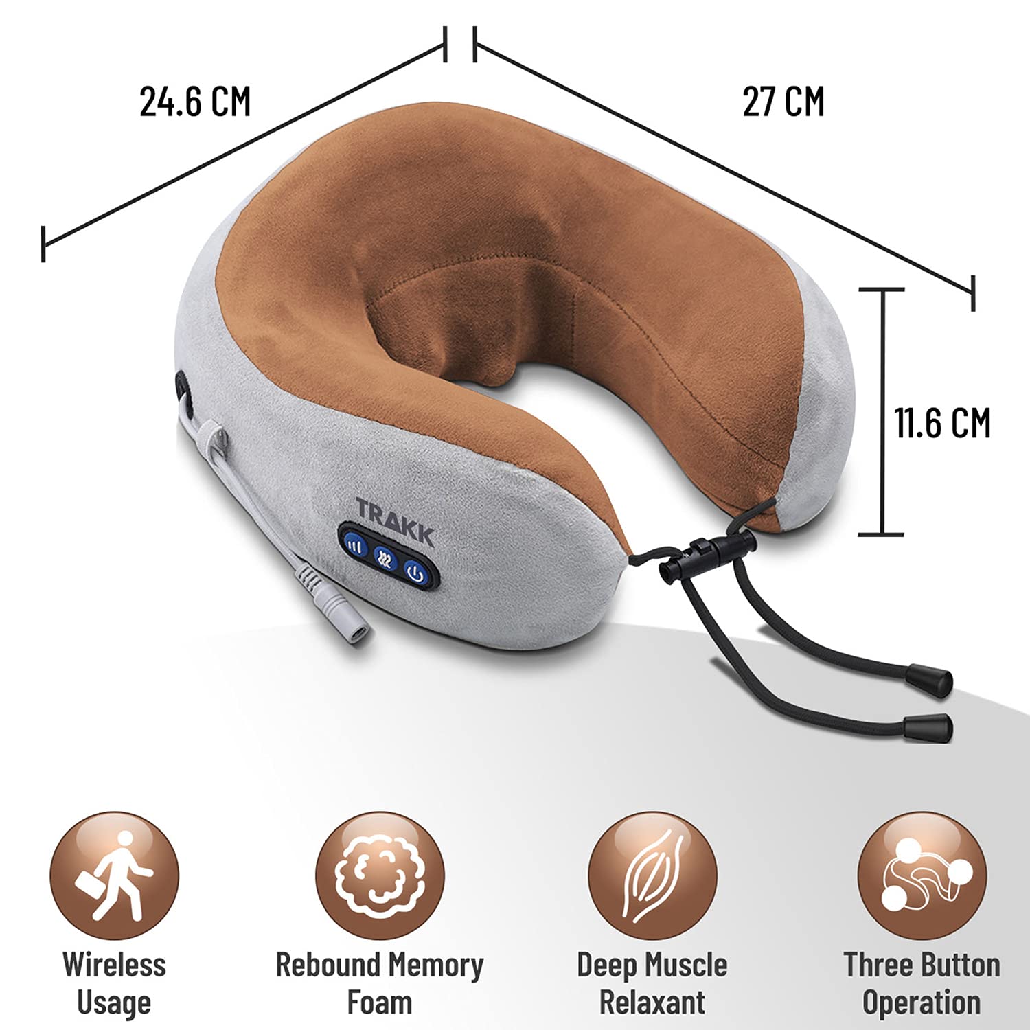 TRAKK Neck Massager & Travel Pillow - U-Shaped Neck Pillow & Electric Massager for Muscle, Shoulder, Cervical Pain Stress Relief - Memory Foam Massage Pillow for Home, Office, Airplane,Car (Brown)