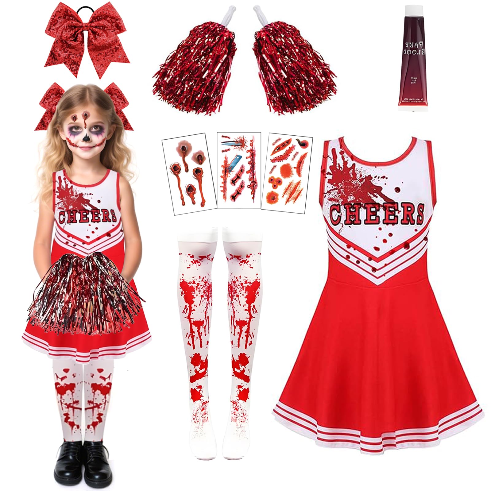 Pddenality 9 Pcs Halloween Costumes for Kids Set Red Zombie Cheerleader Costume Kids Zombie Costume