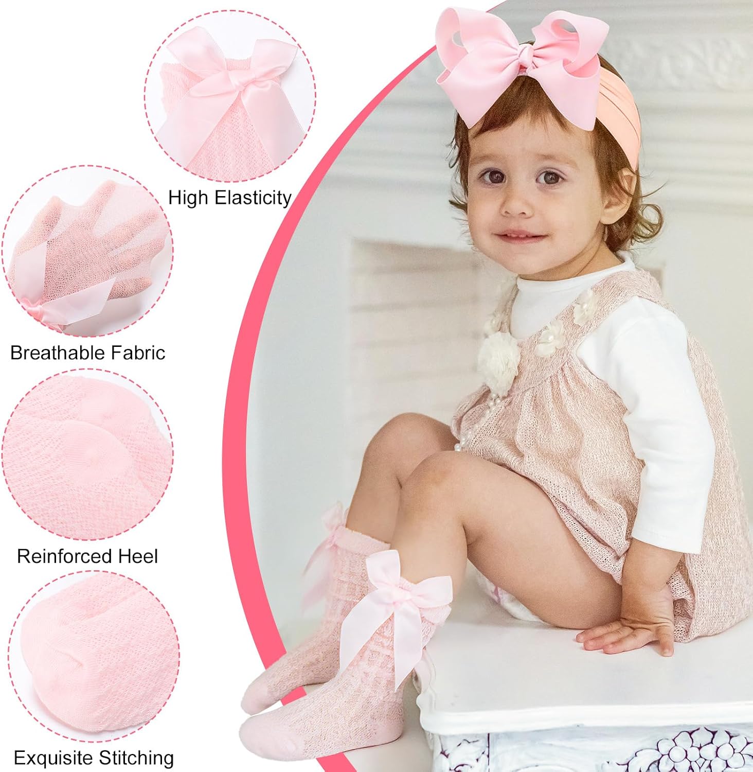 JATEBI Baby Girls Big Bow Headband and Knee High Socks Cute Bows Lace Soft Super Elastic Headband for Newborn Infant Toddlers