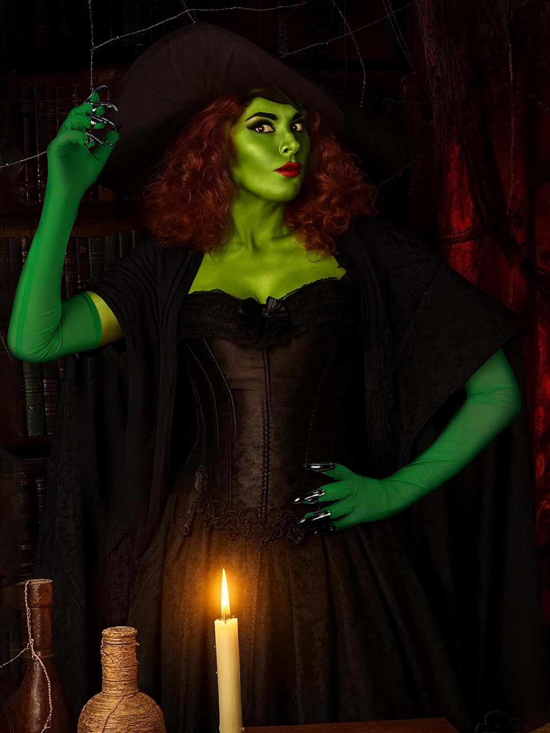 Mepase 12 Pcs Halloween Witch Costume Accessories for Women Green Long Gloves and Metal Nail Claws Set Green Witch Costume Gothic Cosplay Party - Image 5