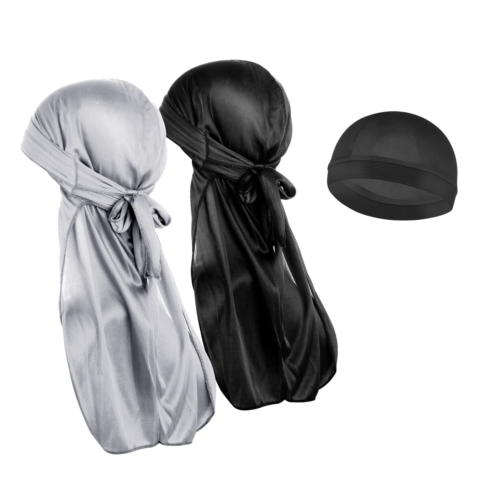3 Pieces Silky Durag Caps Elastic Wave Cap Headwraps High Long Tail Hair Caps Sweat Wicking Hat Breathable and Comfortable Headwrap Hat Shower Cap for Men Women Black