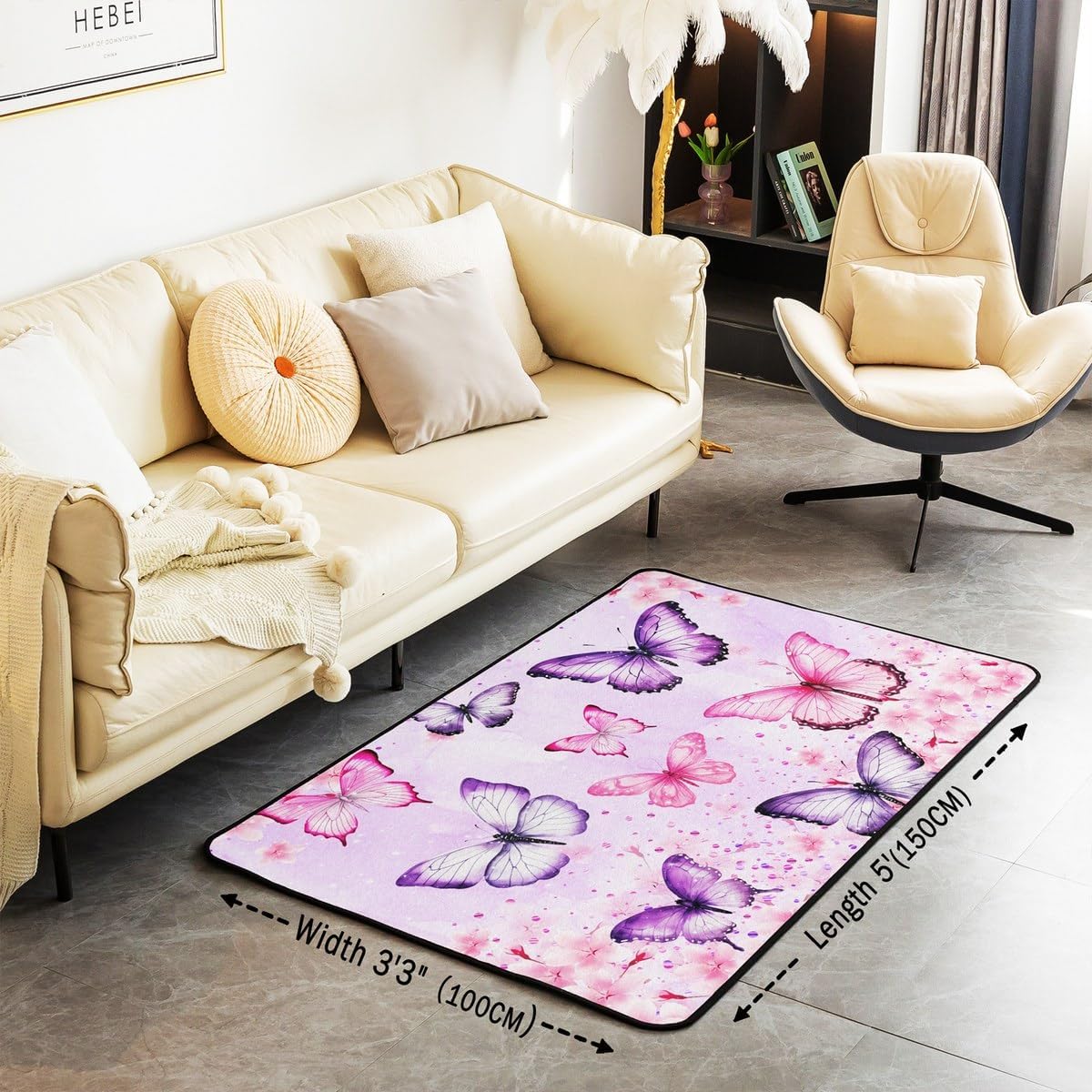 Pink Purple Butterflies Area Rug 3x5 Pastel Cherry Blossom Rug for Girls Boys Kids Adult Wild Butterfly Carpet for Living Room Botanical Flower Non Slip Washable Decorative Rug