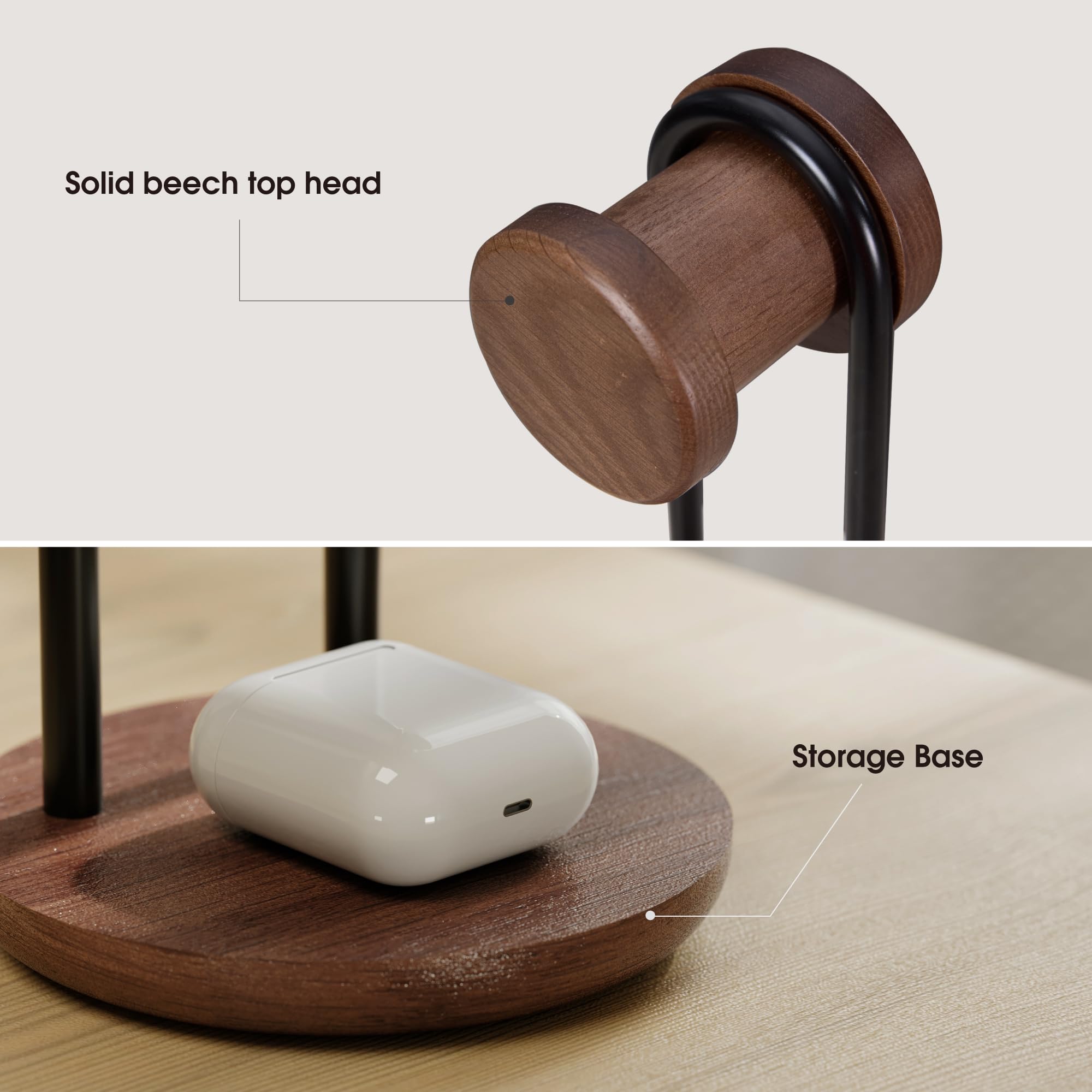 Fenge Porta Cuffie da Scrivania, in Legno Massello Naturale e Metallo, Universale, Base Ponderata con Archiviazione, Supporto Cuffie Gaming PC, per Espositore, Ufficio Casa (Marrone)
