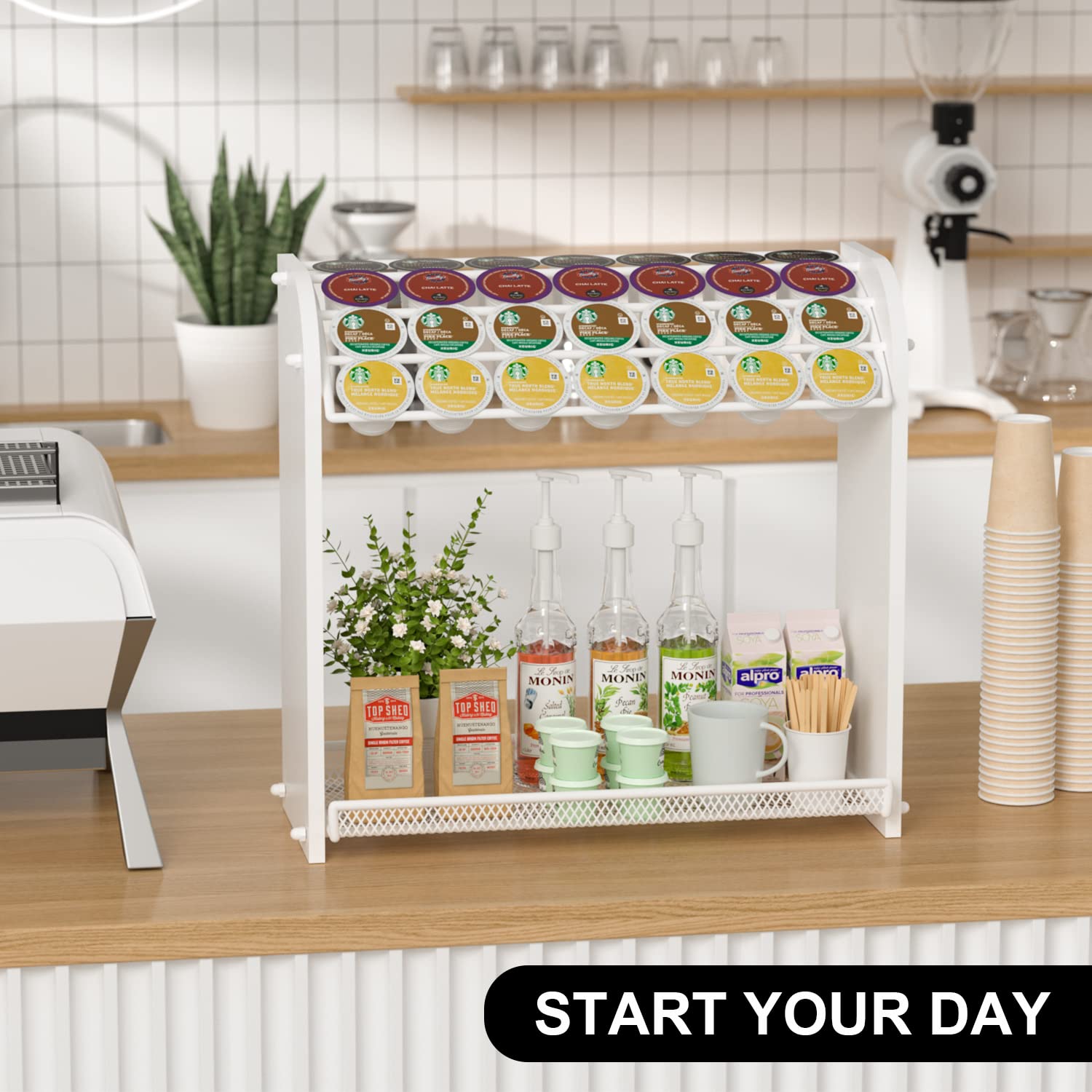 Coffee Pod Organizer for Coffee Bar Accessories, Large Capacity K Cup Holder, Bamboo K Cup Organizer for Countertop, Easy Assembly Coffee Pod Holder, Coffee Station Organizer Home office Storage,White