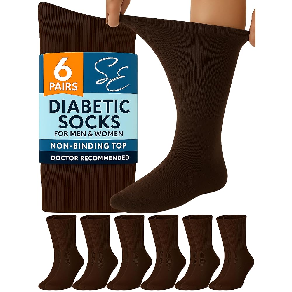 Special Essentials Diabetic Socks for Men & Women - 6 Pairs of Non-Binding Extra Wide Top Cotton Neuropathy Socks - Crew Length, Brown, 13-15