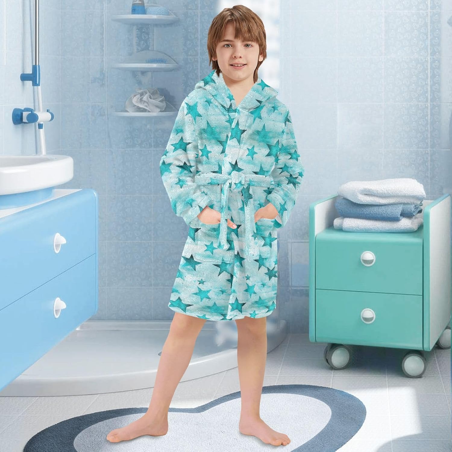 Blue Star Pattern Toddler Hooded Bathrobe for Boys Girls Soft Plush Bath Towel Robe 2-12 Years
