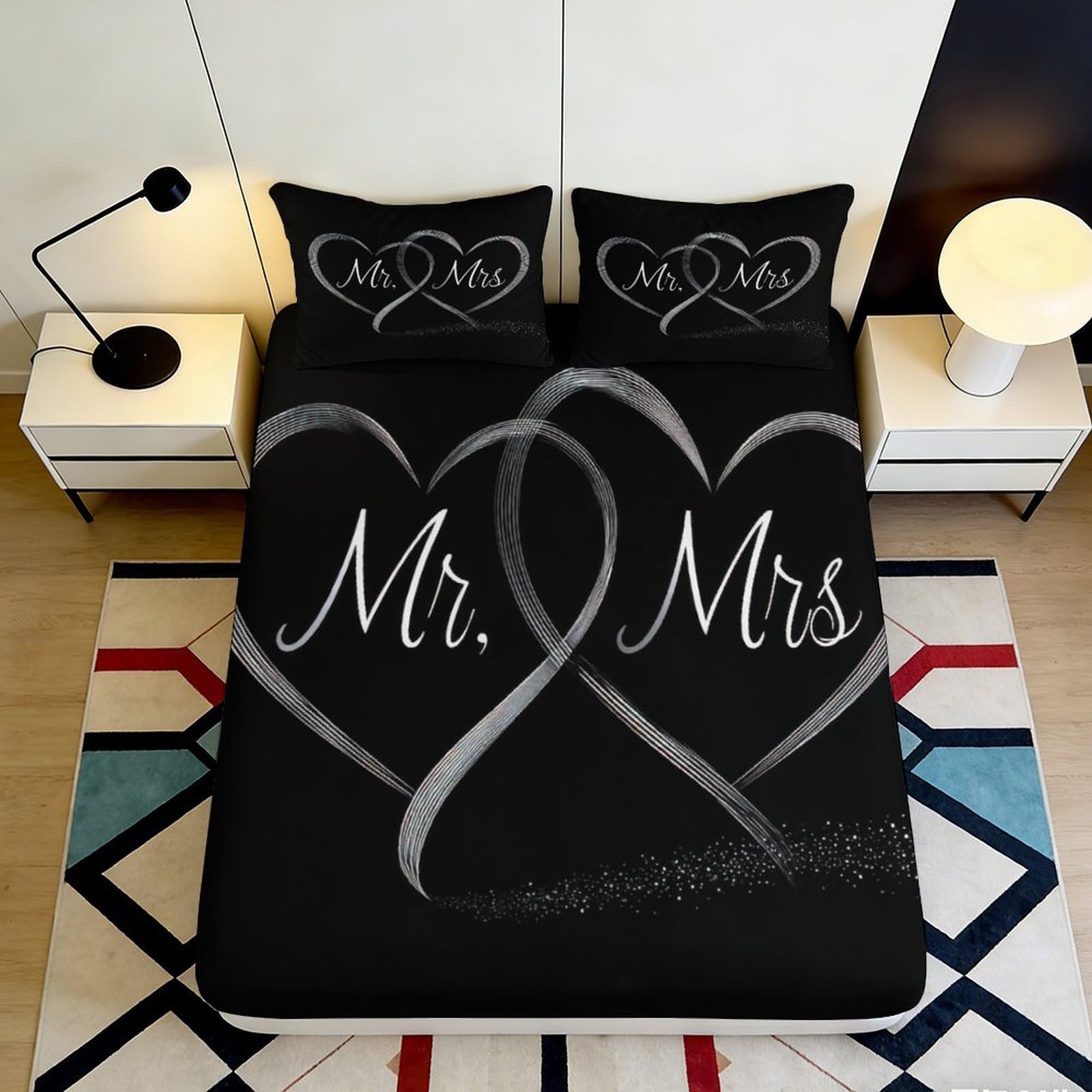 3D Printed Heart Mr Mrs Fitted Sheet Microfiber Black Romantic Bed Cover Slip-Resistant Machine Washable Bedroom Decor 90x200x25cm