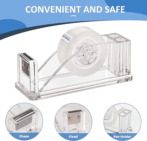 Miniatura 3 de Dispensador de cinta acrílica transparente, soporte para cortador de cinta antideslizante para rollos de cinta estándar, cintas transparentes y