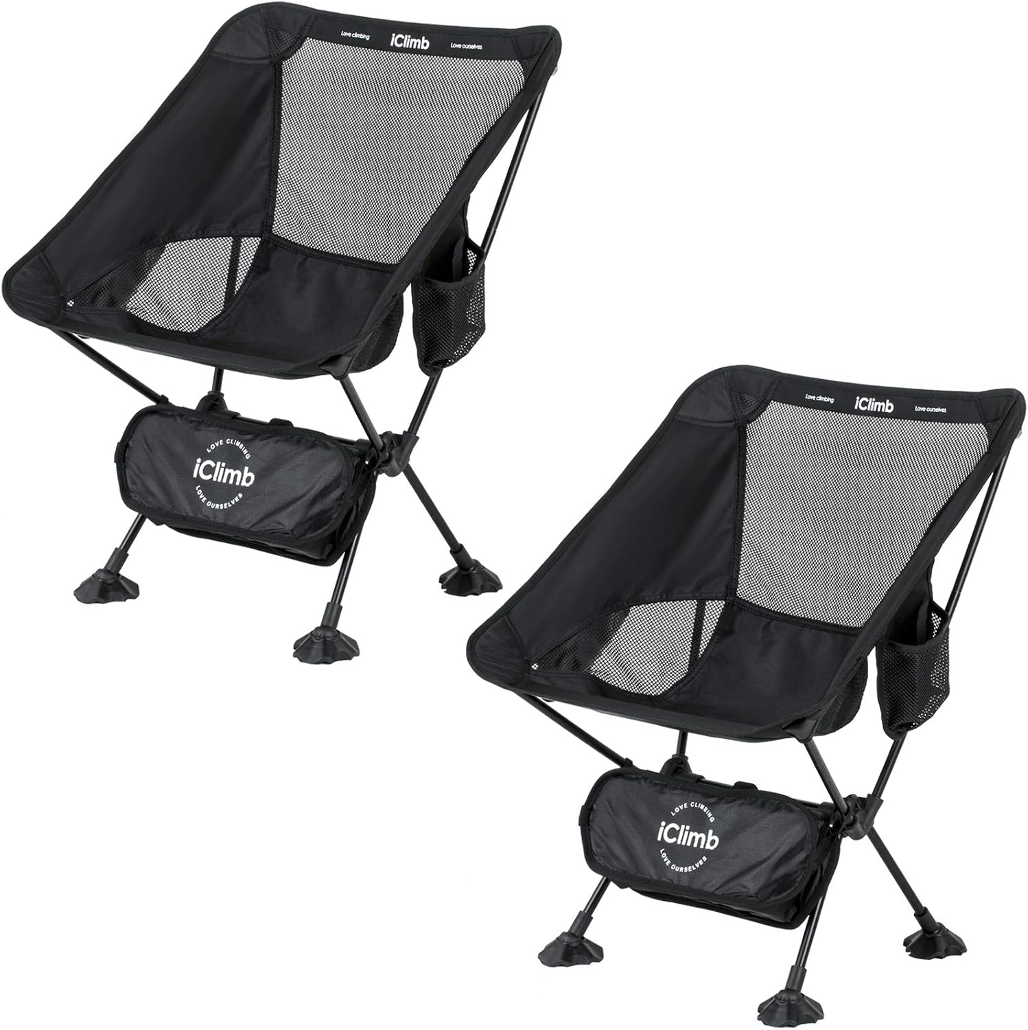 iClimb Ultralight Compact Camping Folding Beach Chair with Anti-Sinking Large Feet and Back Support Webbing (2, Black)