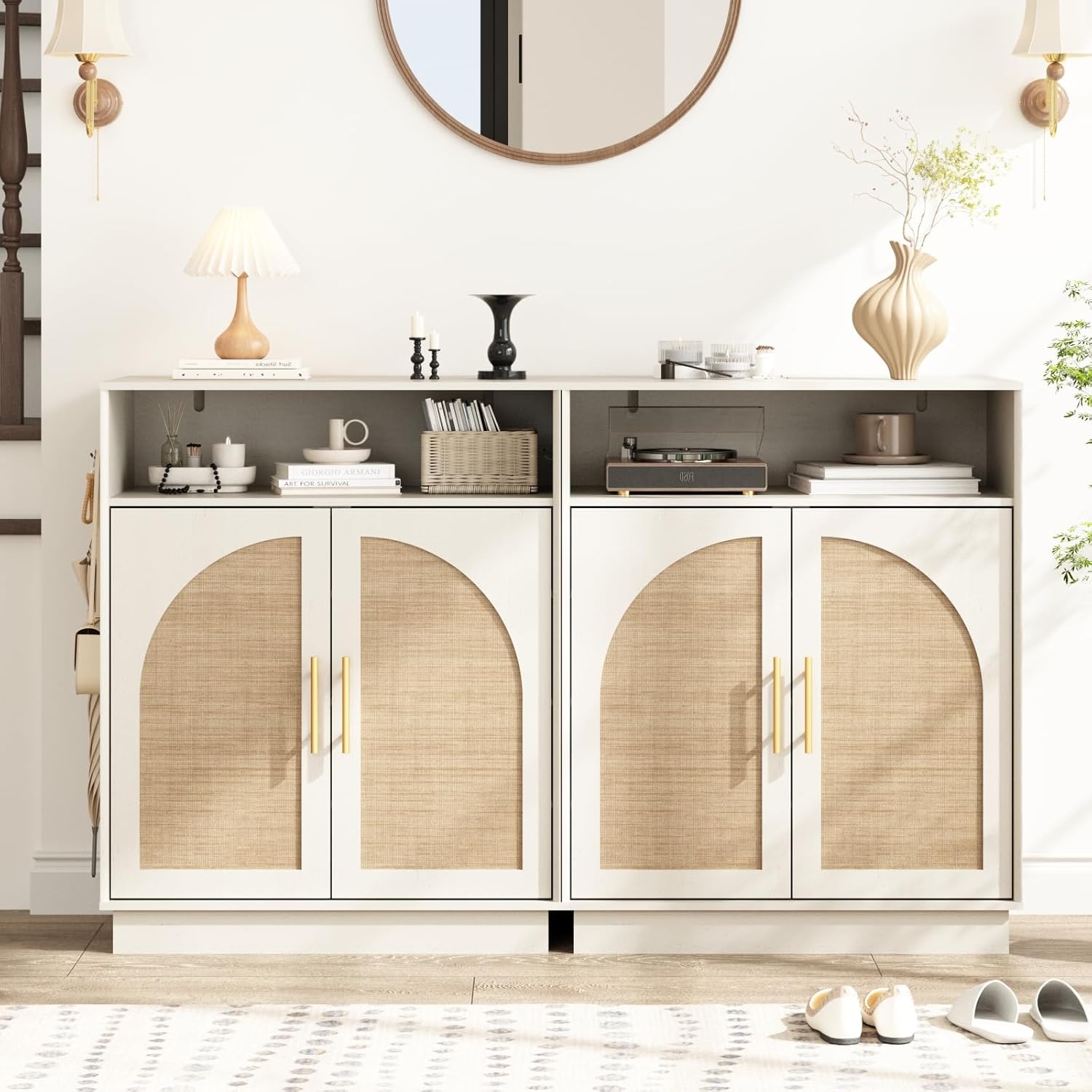 HOKYHOKY Rattan Shoe Storage Cabinet with 2 Arched Doors, 5-Tier Deep Shoe Organizer with Adjustable Shelves, Farmhouse Boho Shoe Rack Cabinet for Entryway, Rustic White