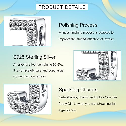 Miniatura 5 de PARCOM Initial Bead Charms S925 Sterling Silver Alphabet A-Z Letter Charms for Bracelets Necklace Pendent with Cubic Zirconia Bracelets for Women