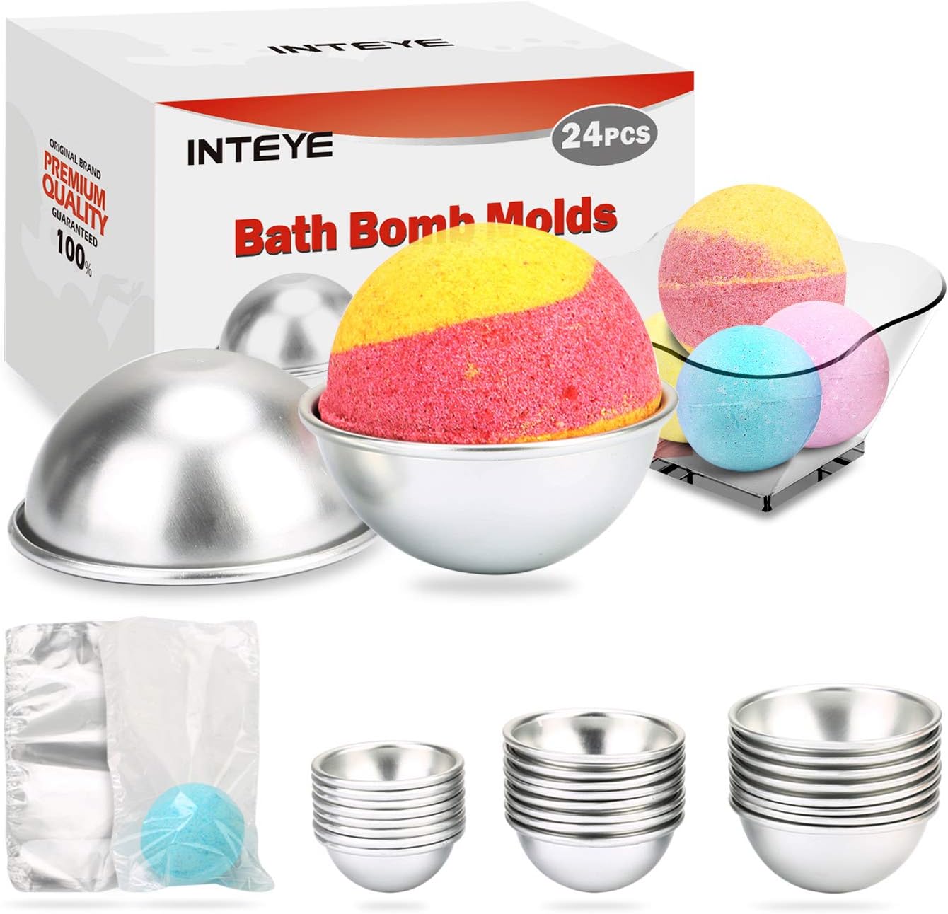 Bath Bomb Mold, 24 PCS Bath Bomb Mold Kit Including 3 Size 24 PCS Molds for Bath Bombs & 100 PCS 6 X 4.3 Inch Shrink Wrap Bags for DIY Bath Bomb Maker.
