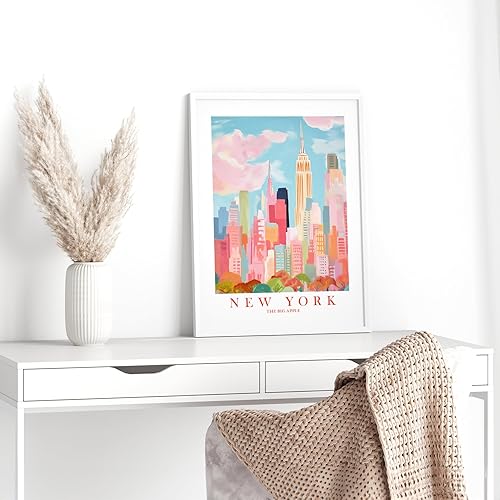 Miniatura 5 de ColorAndFlair Póster retro de viaje de Nueva York con diseño de horizonte rojo, rosa y naranja, pintura de paisaje de recuerdo de la gran manzana