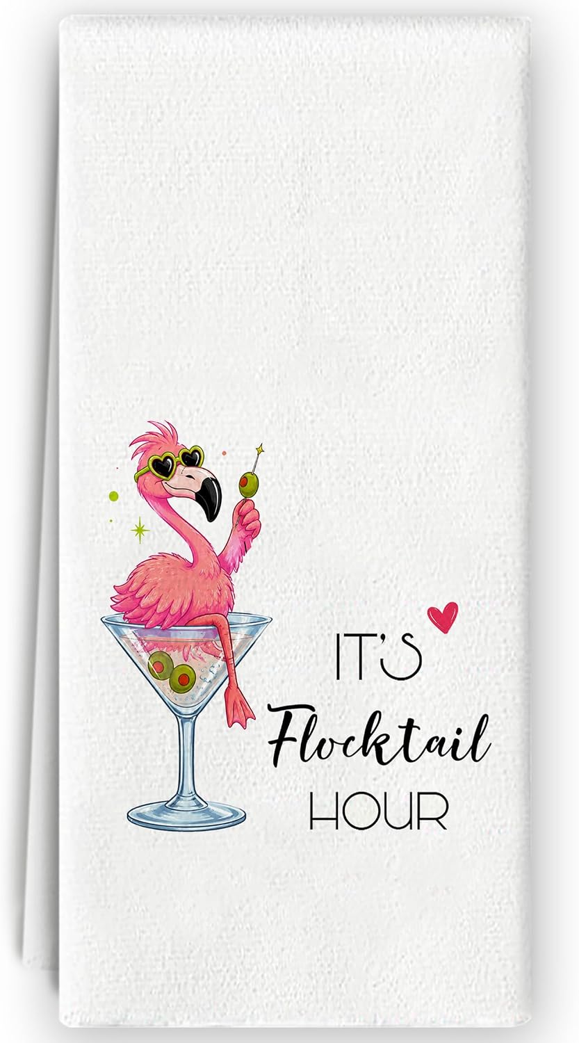 Martini Flamingo Kitchen Towels - Pink Flamingo Lovers Gifts for Women, Beach Flamingos Bar Cart Decor, Funny Cocktail Hand Towels for Bar Kitchen Decorative, 16x24 Inch