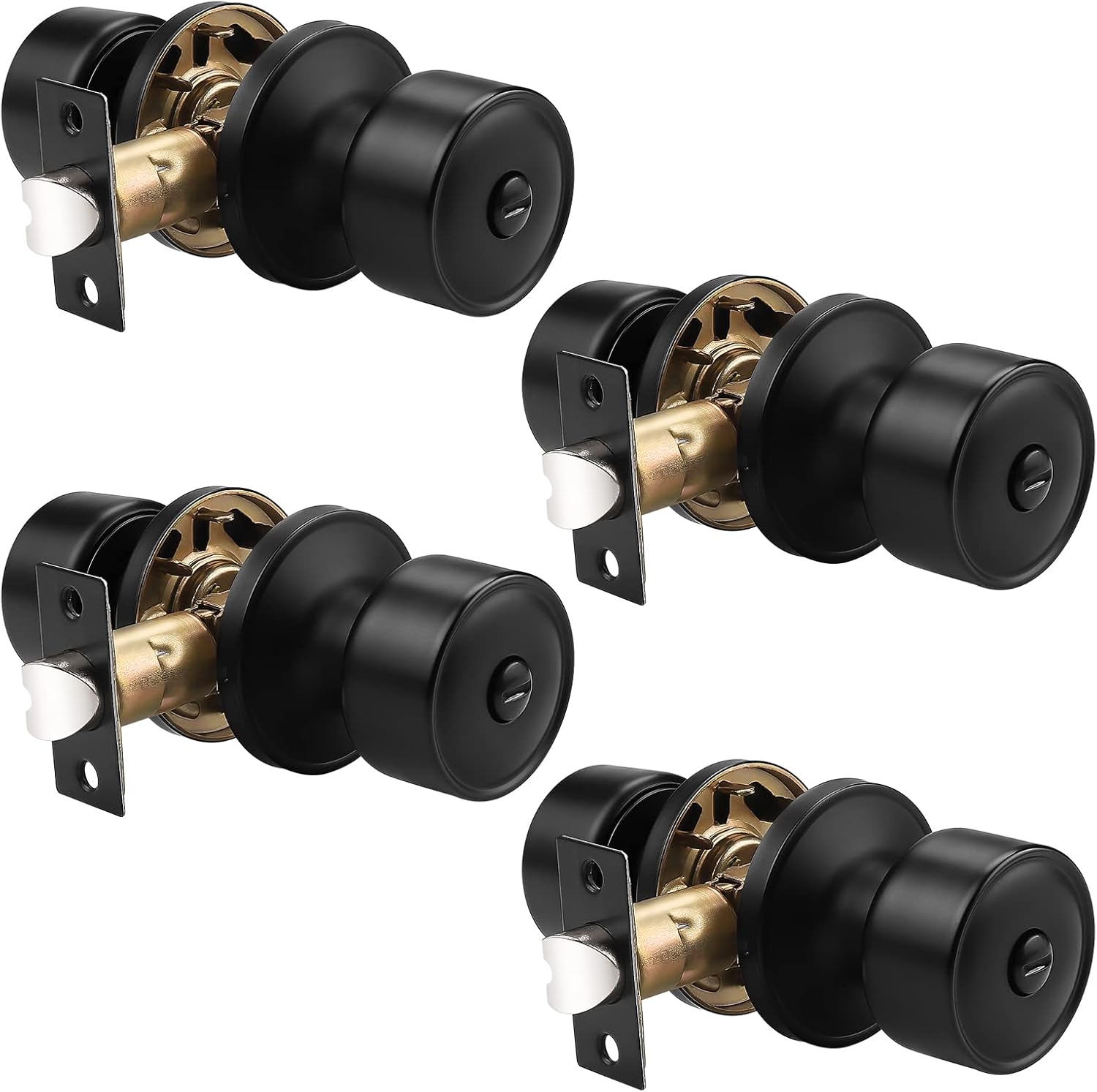 knobelite 4 Pack Door Knobs Privacy Function Keyless Lock Black Interior Round Door Lock, Flat Door Knob with Lock for Bedroom/Bathroom