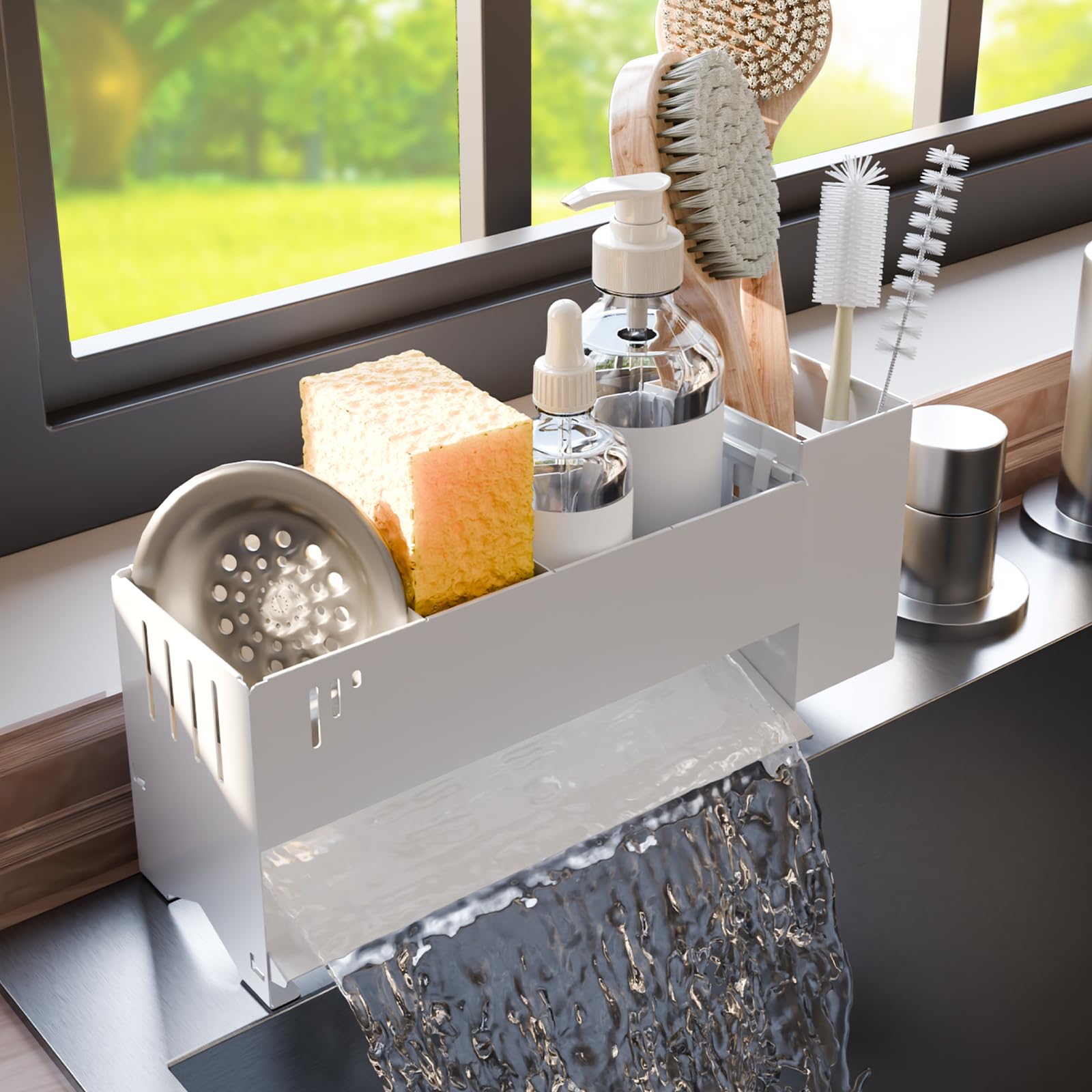 Wantocore Schwammhalter Spülbecken für Küche, Spülbecken Organizer aus Metall mit Abtropffläche, Spüle Ablage für Schwamm und Bürste, Spülbecker Organizer rostfrei, kompakter Küchen Organizer (Weiß)