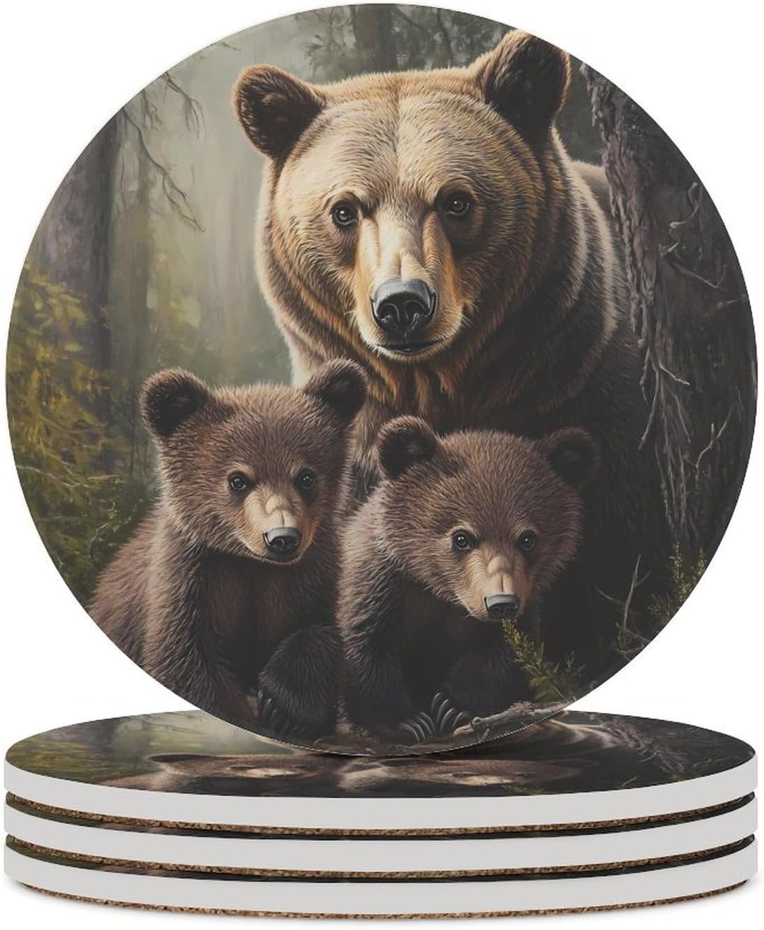 Bear Family Coasters for Drink Round Ceramic Coaster with Cork Base Home Decorative 6PCS