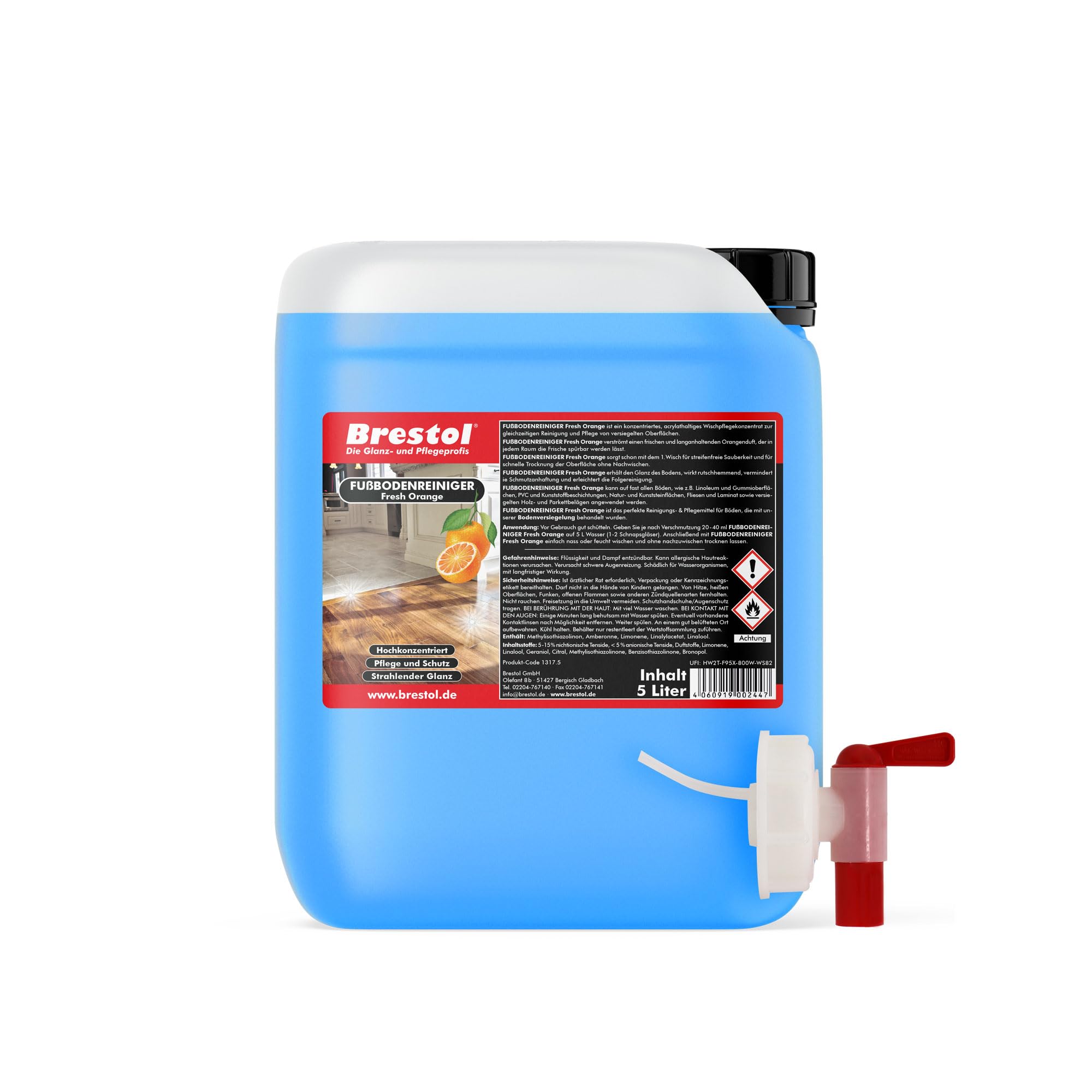 Limpiador de suelo concentrado de naranja frescor de naranja, 5 litros, con agradable aroma a naranja para azulejos, laminado, parqué, piedra, PVC, linóleo, etc.