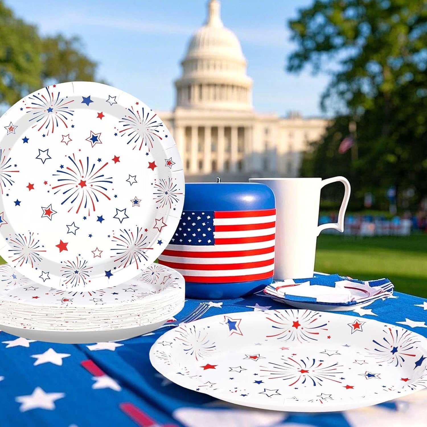 50 Pcs 4th of July Paper Plates 10" Large Stars Fireworks Decorative Plate Heavy Duty Disposable American Flag Plates Patriotic Platters for 250th Anniversary Independence Day Party Decorations