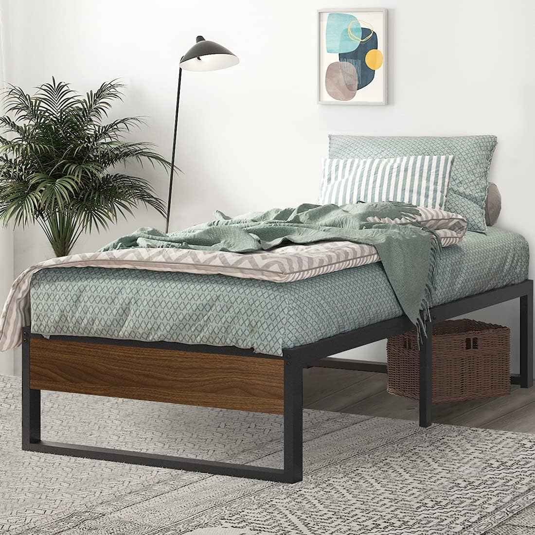 Buy Sha Cerlin Twin Size Platform Bed Frame 14 Inch Metal Bed Frame With Storage Mattress Foundation With Rustic Wood No Box Spring Needed Easy Assembly Online In Indonesia B0967vw86n