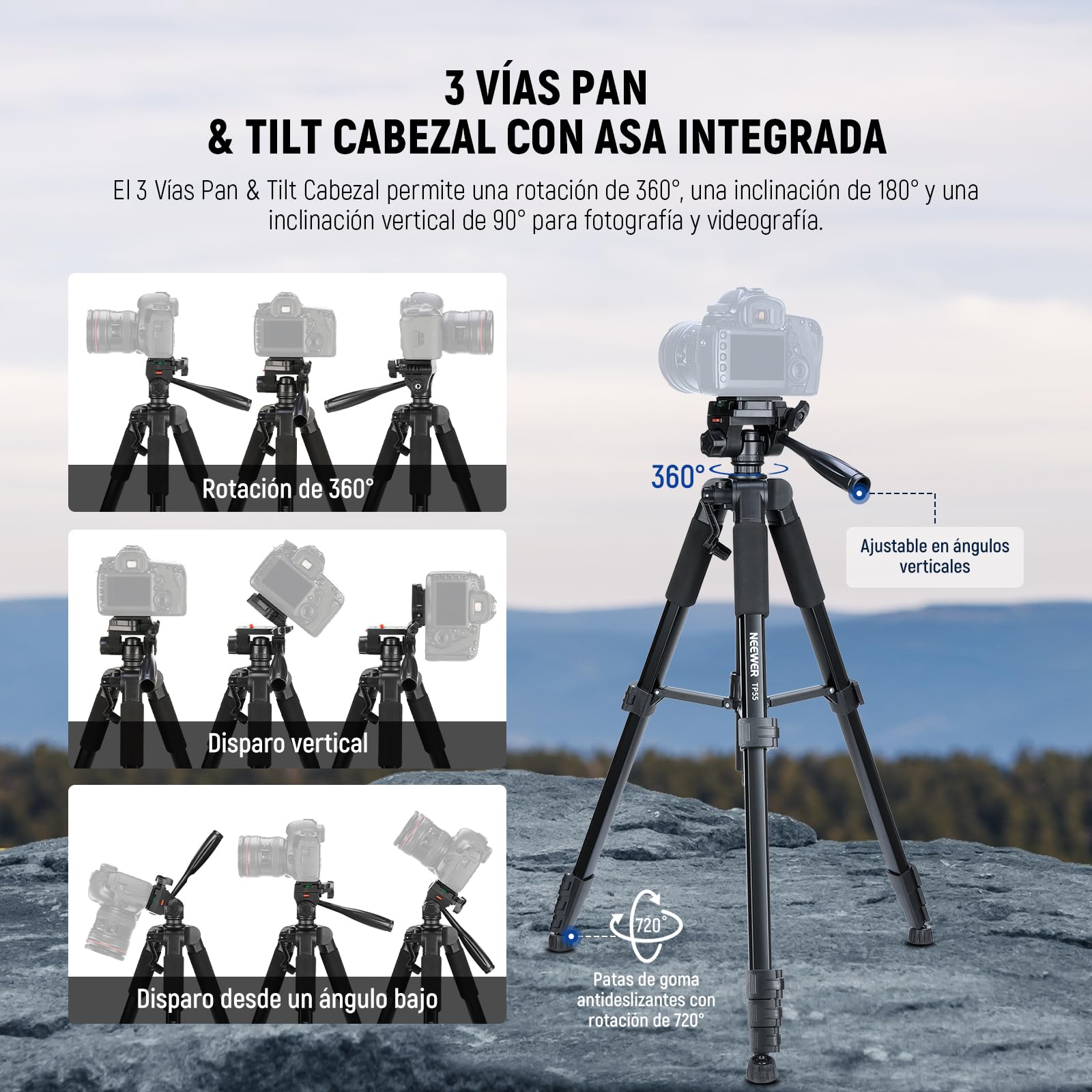 NEEWER BÁSICO Trípode Cámara, 71'' Trípode con Soporte Móvil Montaje Compatible con iPhone para Grabación Vídeo, Soporte Viaje Portátil Ligero Profesional Aluminio con 3 Way Pan Tilt Head, TP55