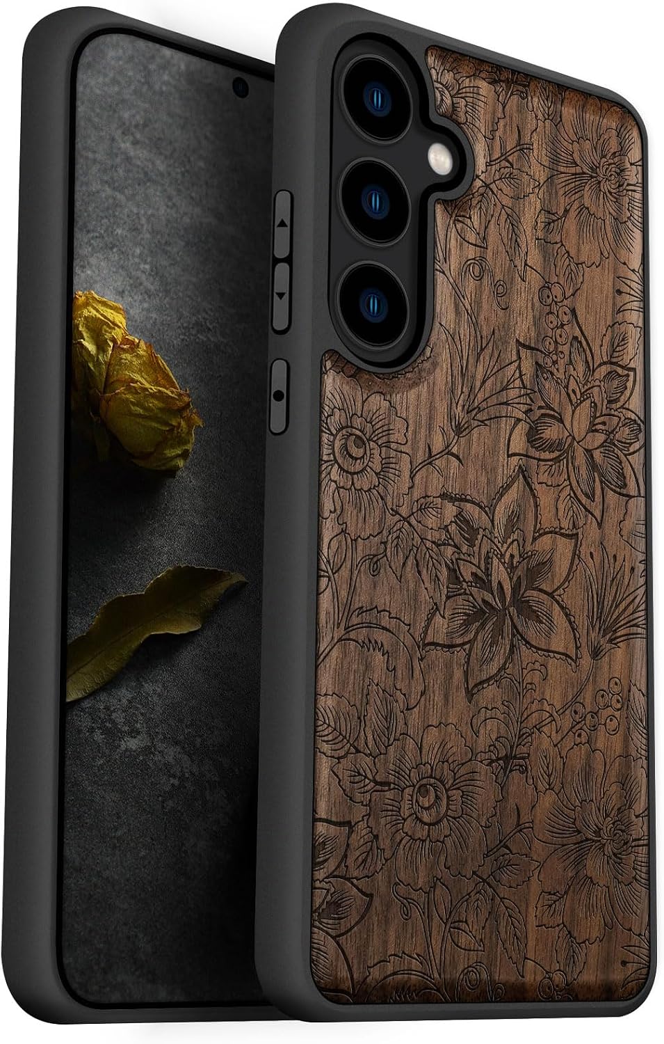 Carveit Wood Case for Galaxy S24 Case [Natural Wood & Black Soft TPU] Shockproof Protective Cover Unique Wooden Design Compatible with Samsung S24 (Flowers and Leaves-Walnut)